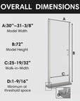 Overall dimensions of the chrome 30" pivot semi-frameless shower door.