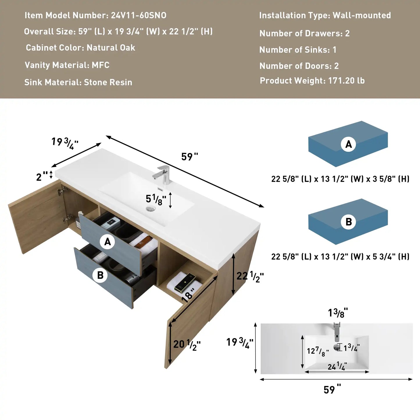 Modern Floating Bathroom Vanity with Resin Top Basin & Soft Close Drawers - Wall-Mounted Storage Cabinet color: Oak