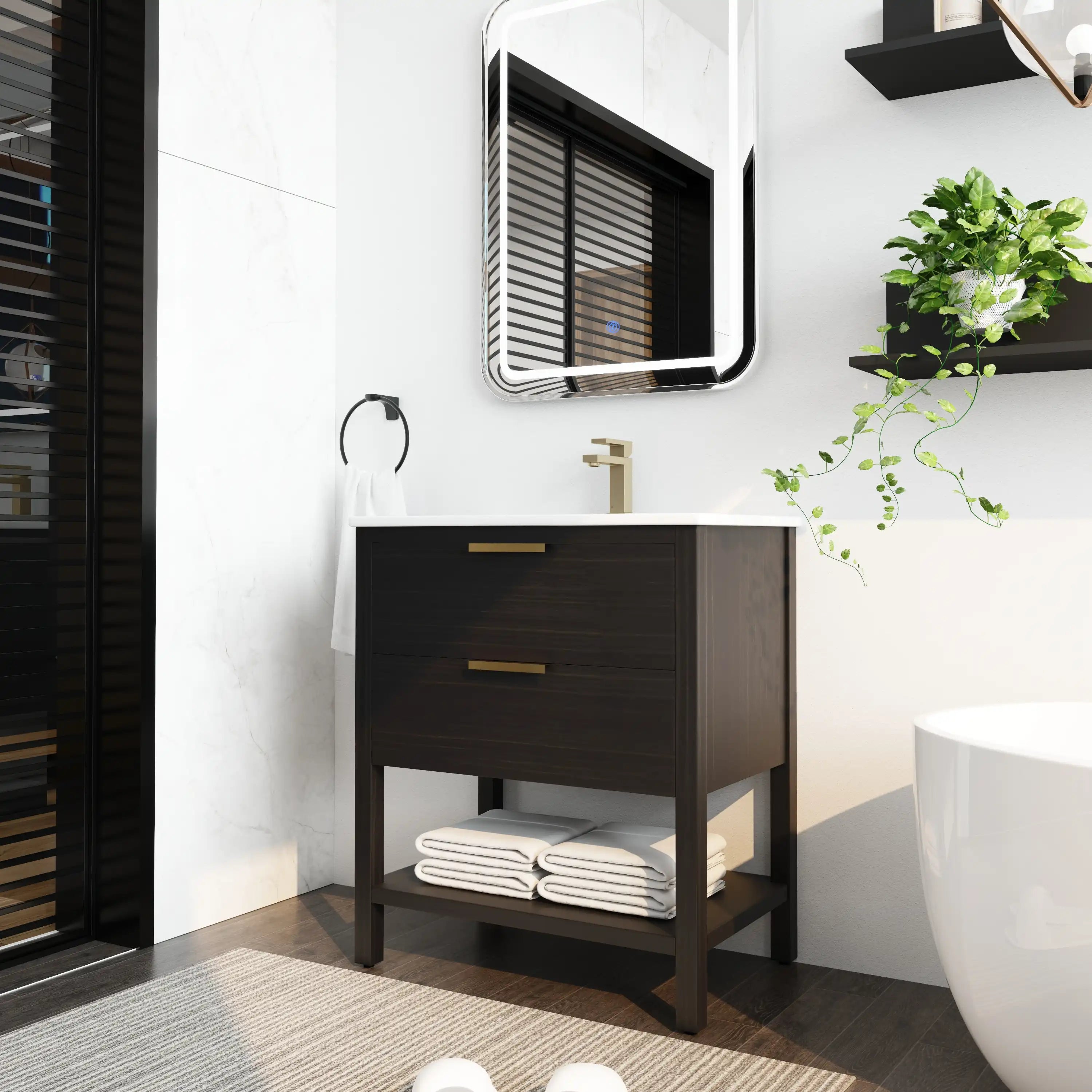30" black vanity bathroom styled in modern space, freestanding cabinet with storage.