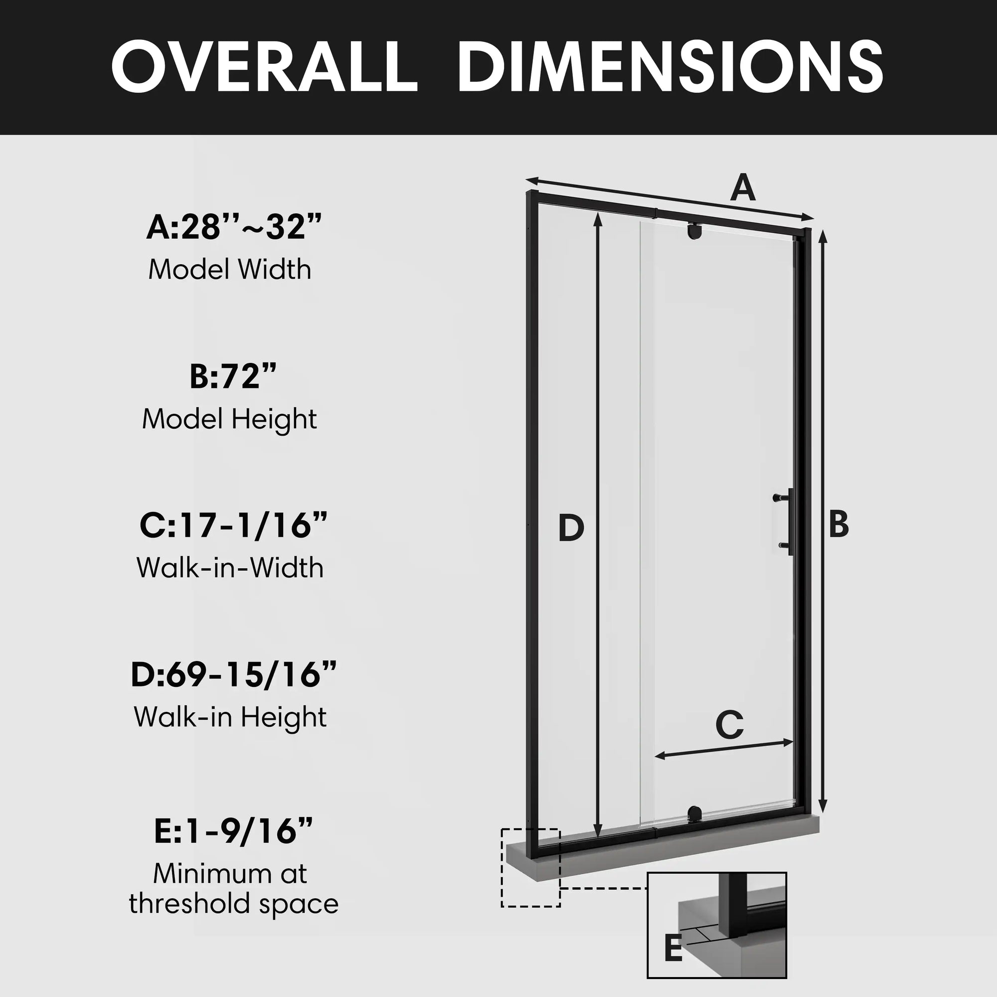 Overall dimensions of framed watertight shower enclosures, model size 32 x 72 with labeled width, height, walk-in width, and walk-in height | Ace Decor