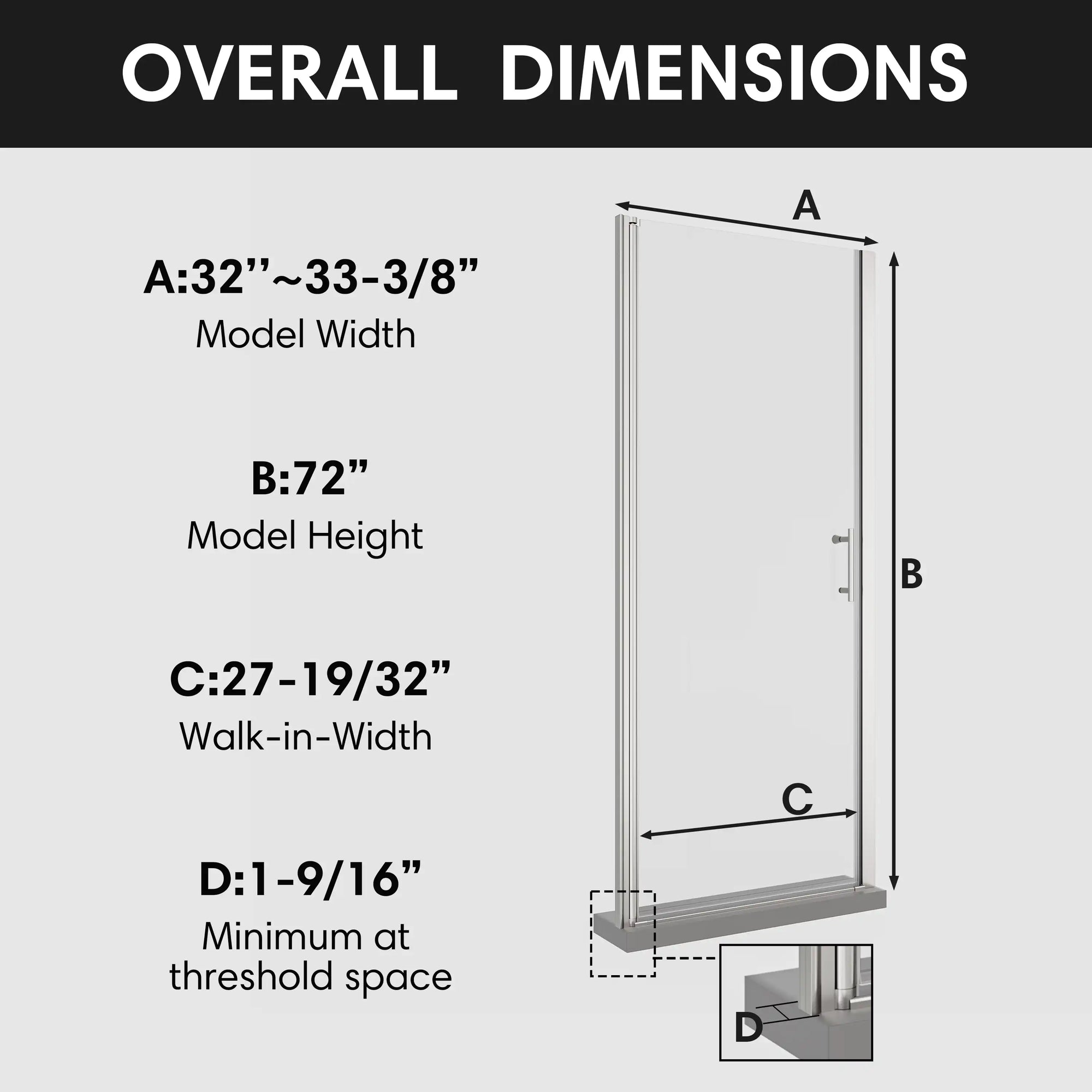 Dimensions of the Zerra Series chrome semi-frameless pivot shower door.
