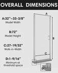 Dimensions of the Zerra Series chrome semi-frameless pivot shower door.