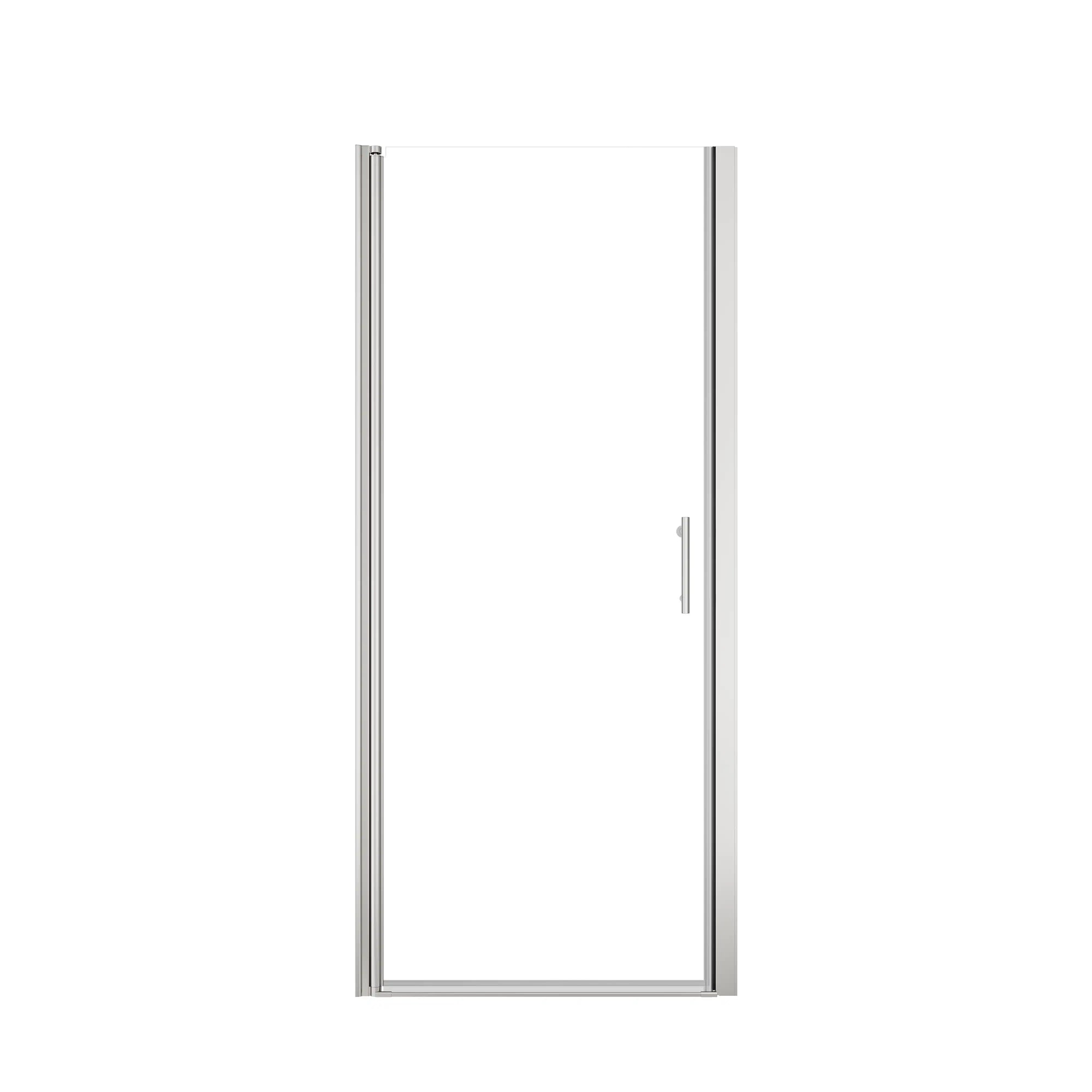 Chrome semi-frameless pivot shower door with clear tempered glass.