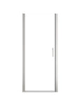 Chrome semi-frameless pivot shower door with clear tempered glass.