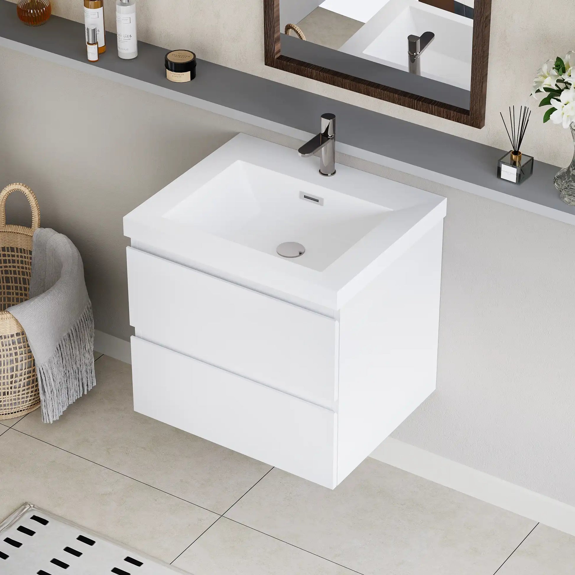 Floating Bathroom Vanity with Resin Top Basin & Soft Close Drawers - Modern Wall-Mounted Storage Cabinet color:White