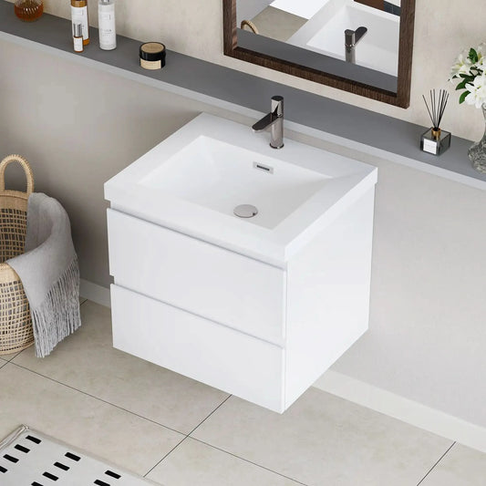 Floating Bathroom Vanity with Resin Top Basin & Soft Close Drawers - Modern Wall-Mounted Storage Cabinet color:White