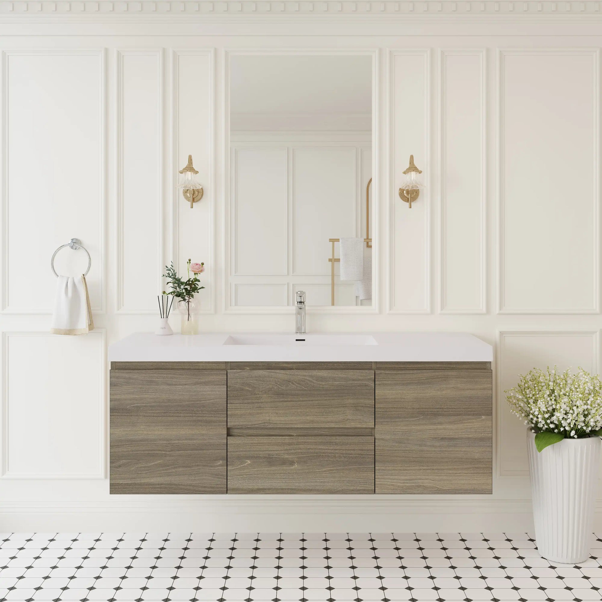 59 inch vanity single sink wall-mounted ash grey floating bathroom vanity in bright modern interior | Ace Decor