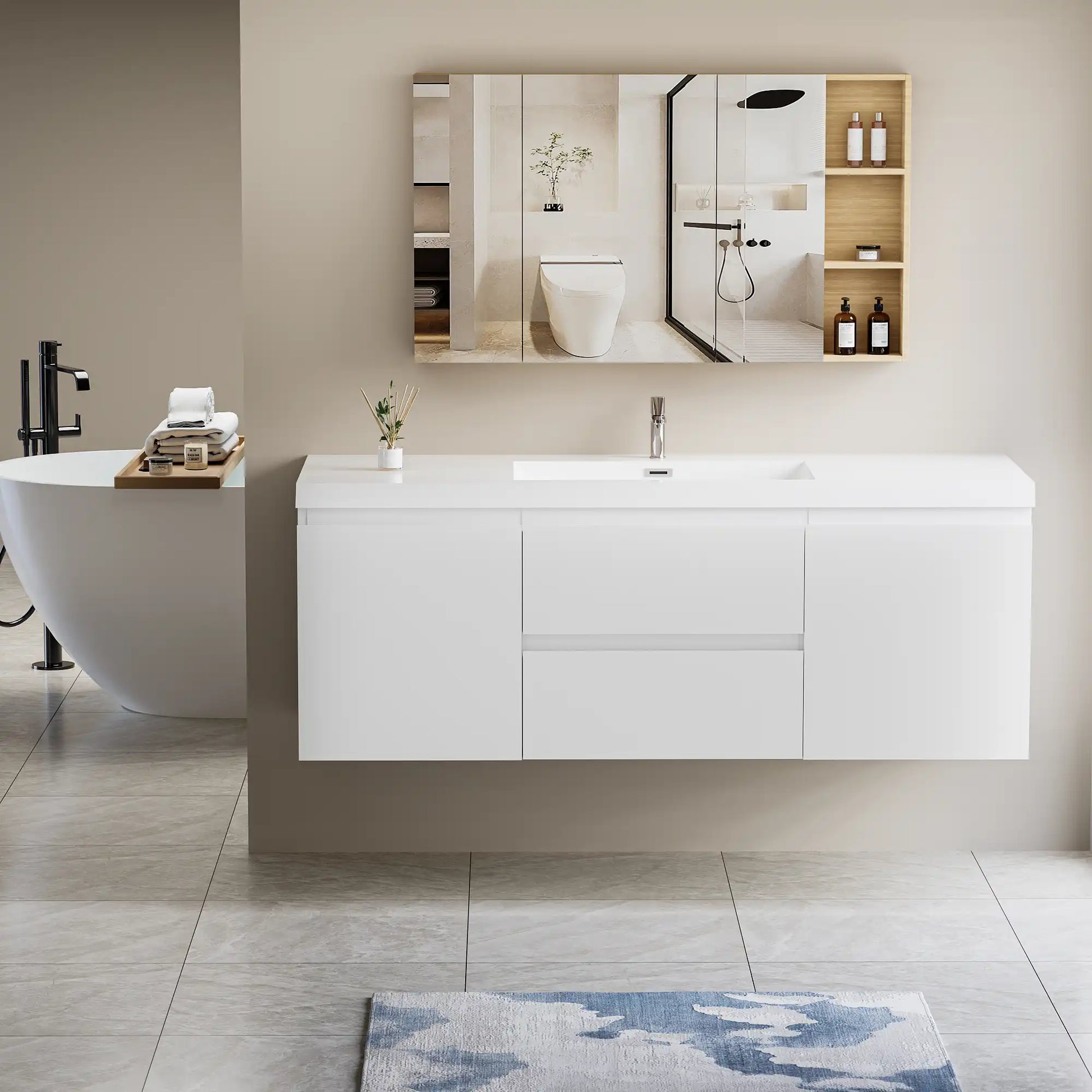 Modern Floating Bathroom Vanity with Resin Top Basin & Soft Close Drawers - Wall-Mounted Storage Cabinet color: White