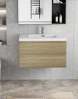 Floating Bathroom Vanity with Resin Top Basin & Soft Close Drawers - Modern Wall-Mounted Storage Cabinet color: Oak