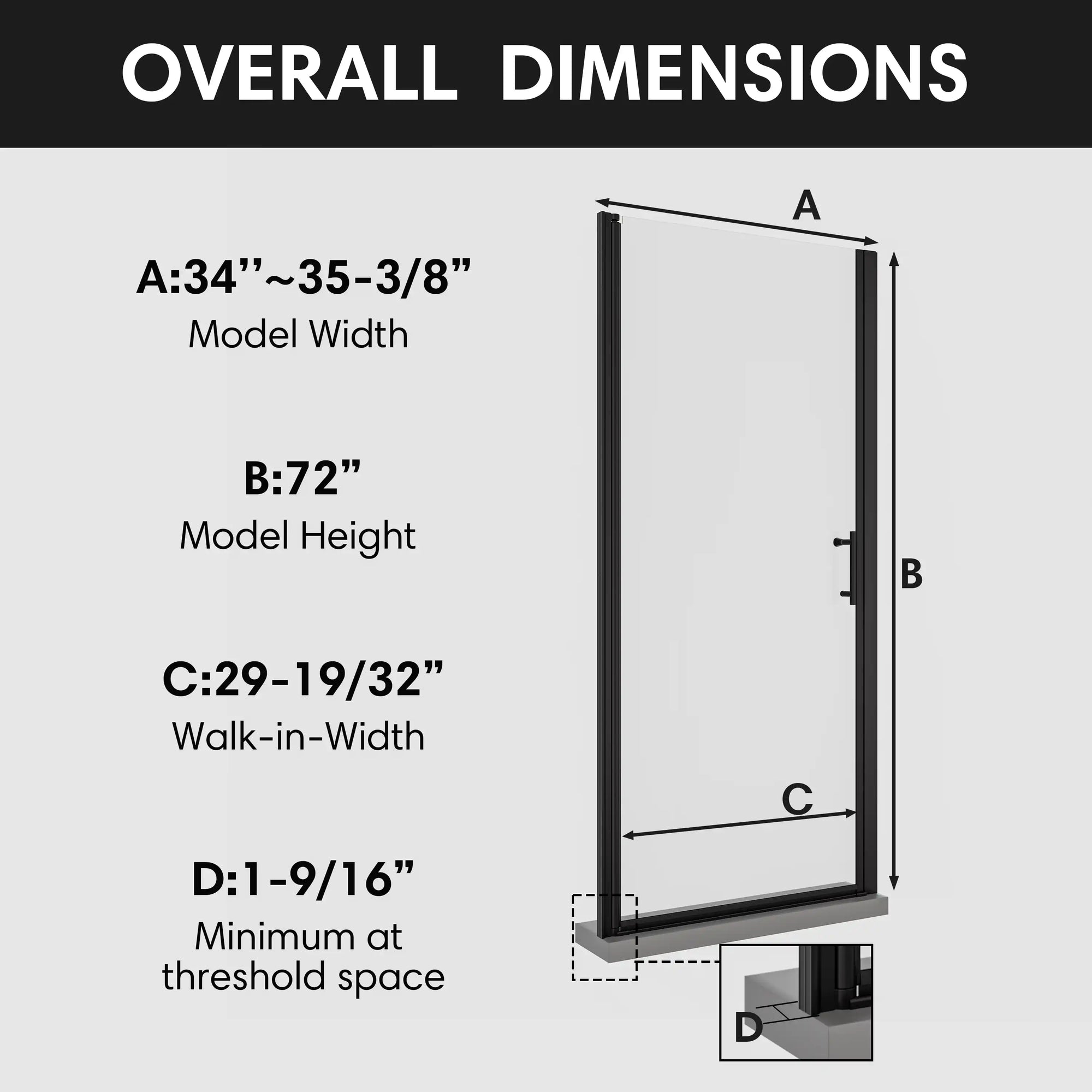Model dumensions of the Zerra Series 34" matte black pivot shower door.