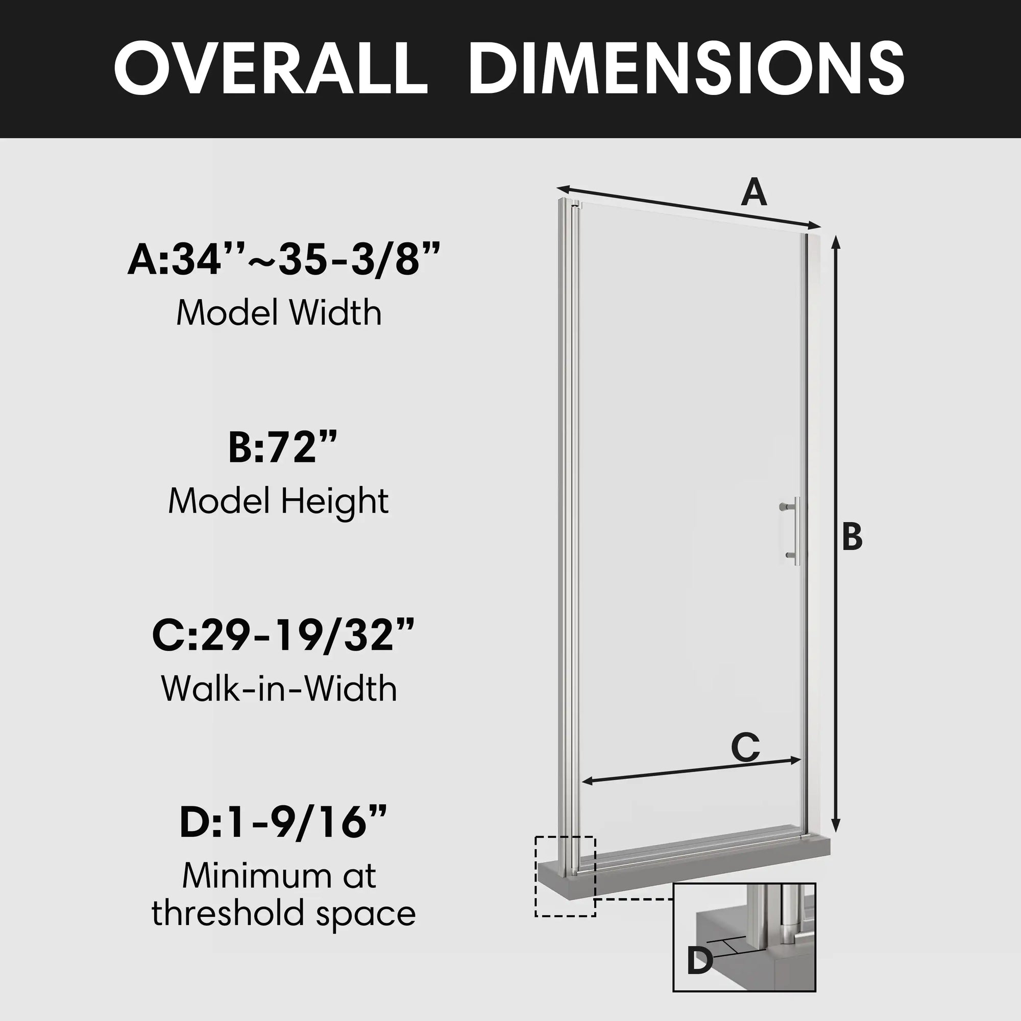Model dimensions of 34x72 semi-frameless pivot shower door with height, width, and entry measurements.