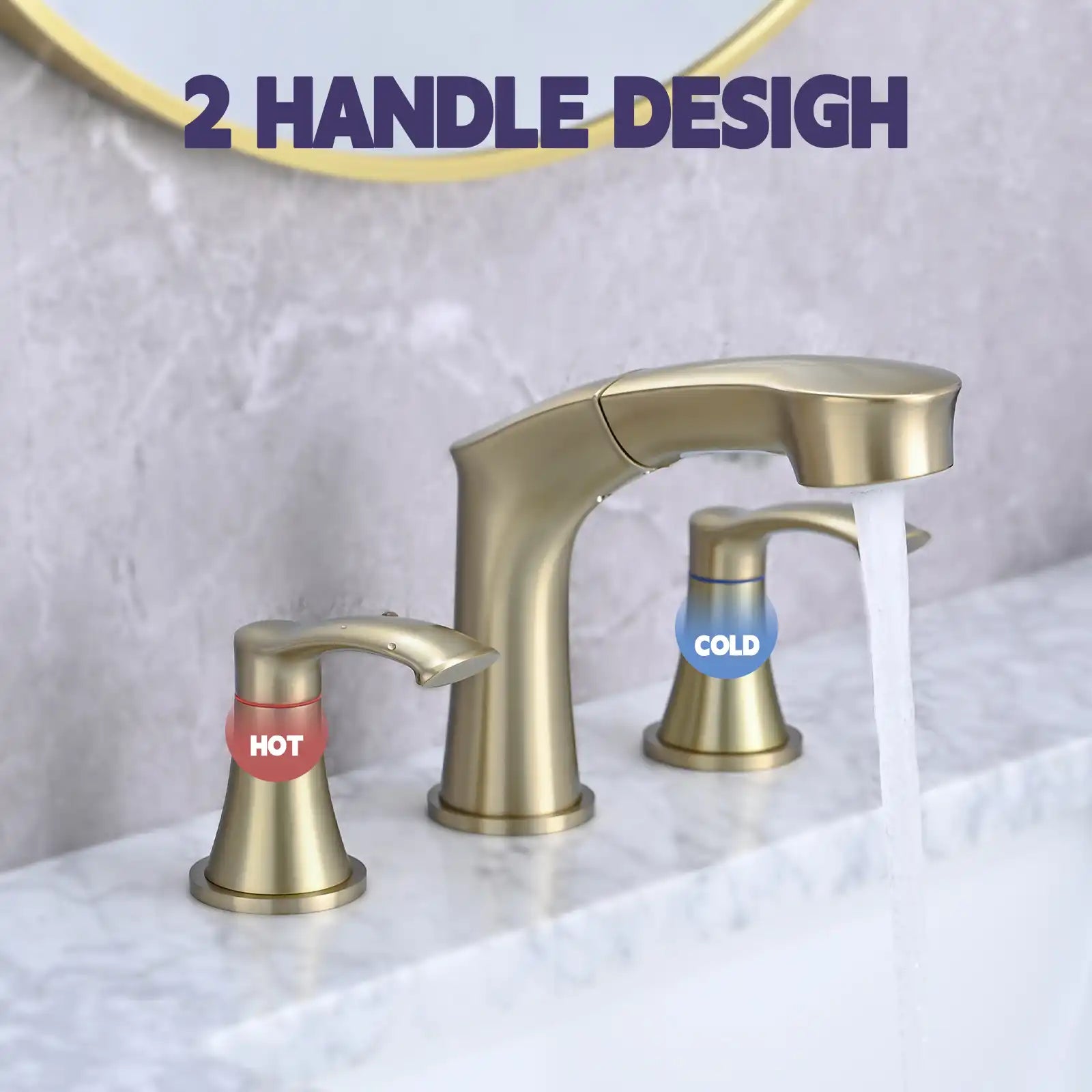 Harbor Series Brushed Gold Faucet Bathroom – Pull-Out Sprayer with 2 Handles