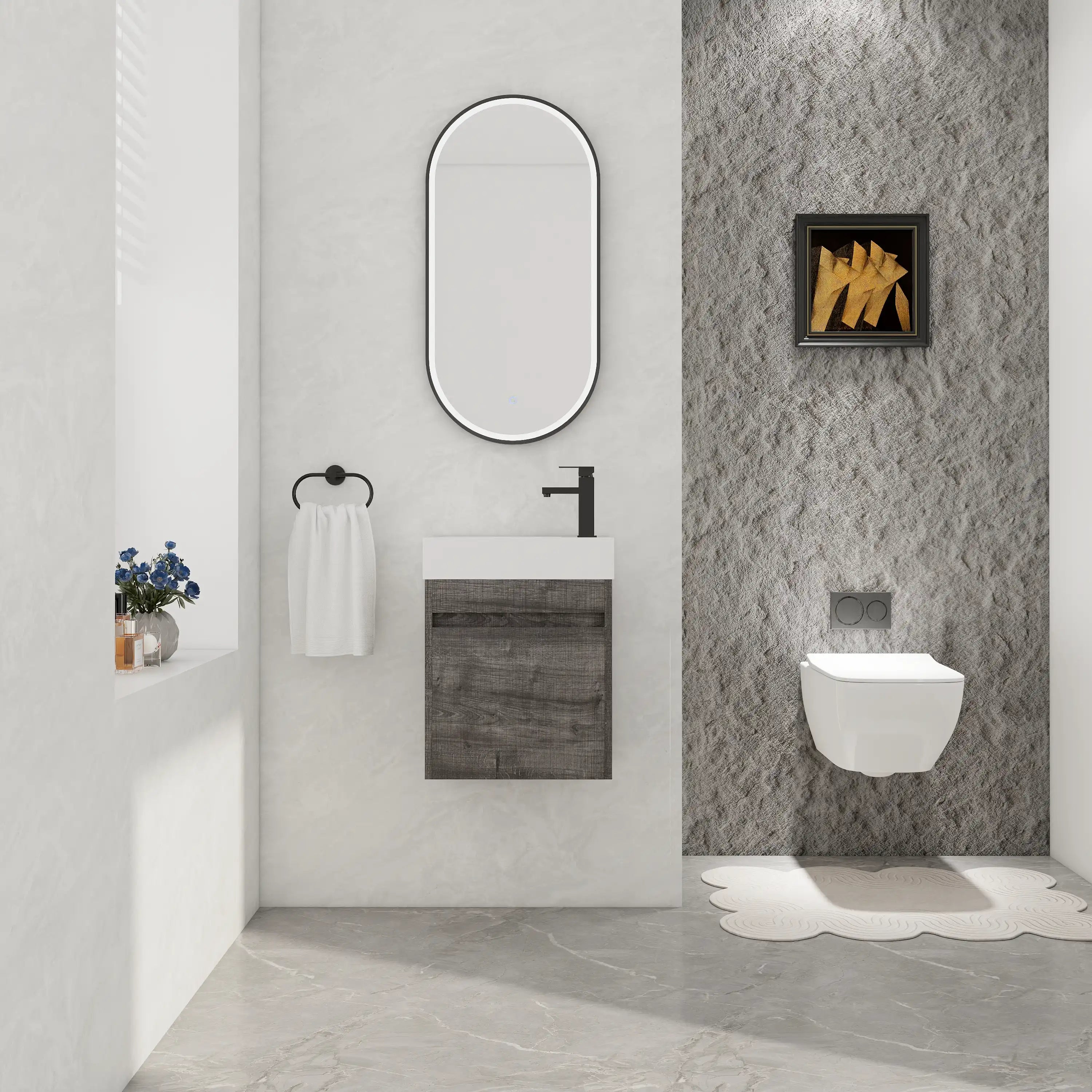 Aeris Series 18" Plaid Grey wall-mounted vanity with integrated sink in a modern bathroom, featuring LED mirror and wall-hung toilet, front view.