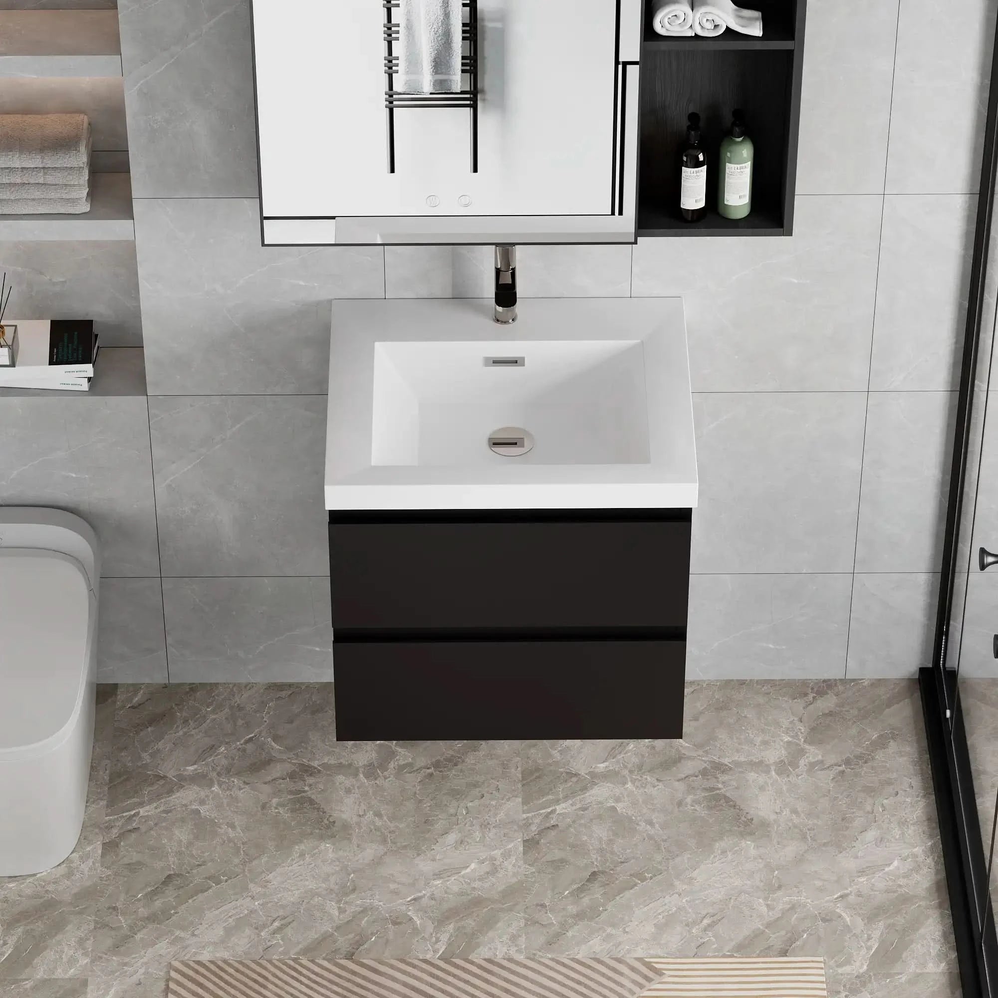 Floating Bathroom Vanity with Resin Top Basin &amp; Soft Close Drawers - Modern Wall-Mounted Storage Cabinet color: Black