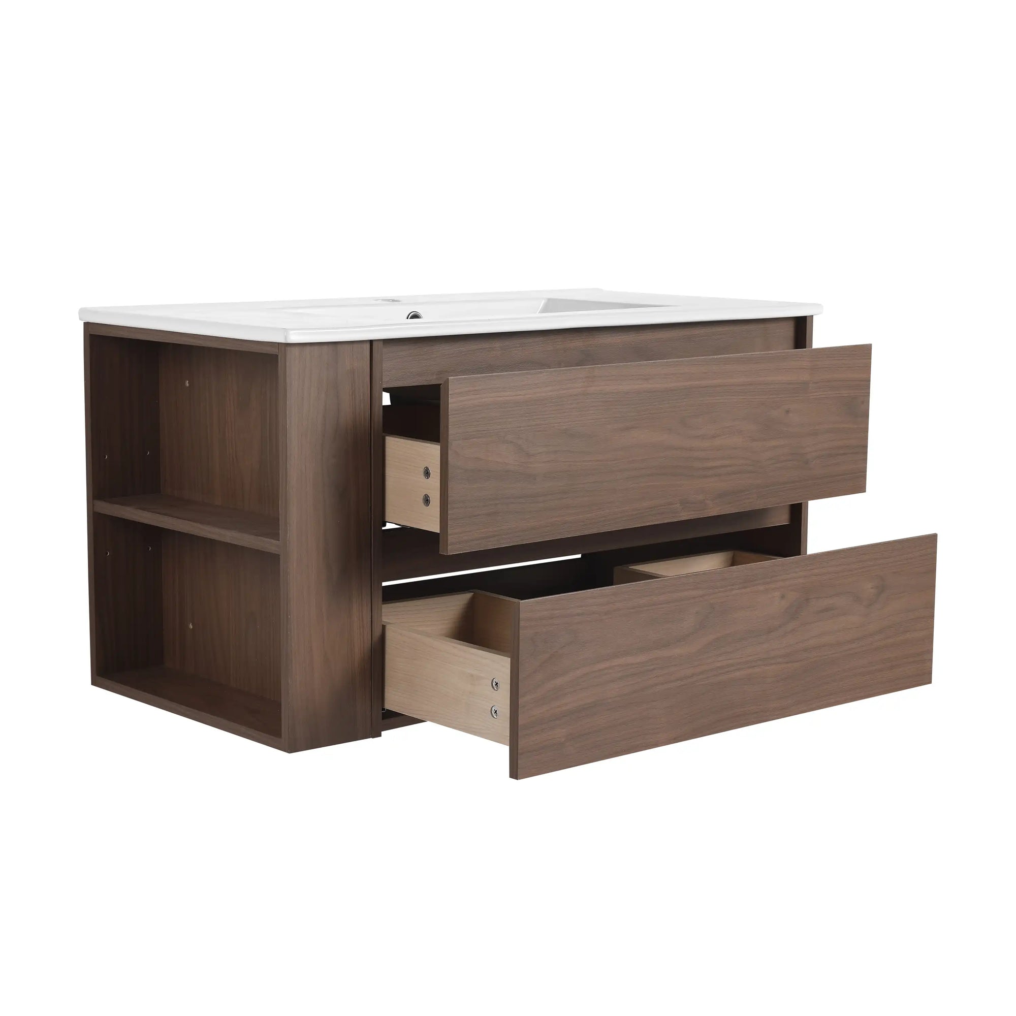 36" brown oak vanity with open drawers and side storage for 36 inch wall mounted bathroom | Ace Decor