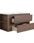 36" brown oak vanity with open drawers and side storage for 36 inch wall mounted bathroom | Ace Decor