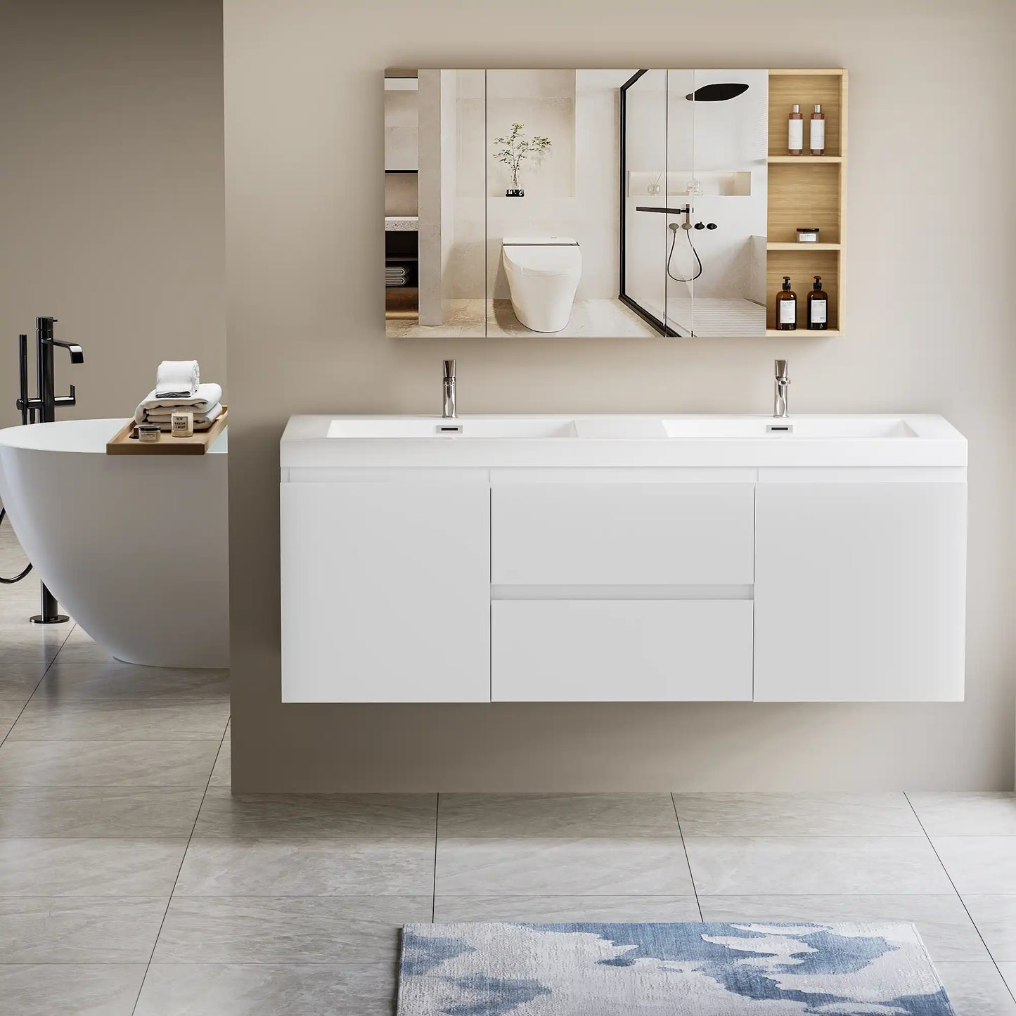 Modern Floating Bathroom Vanity with Resin Top Basin & Soft Close Drawers - Wall-Mounted Storage Cabinet color: White