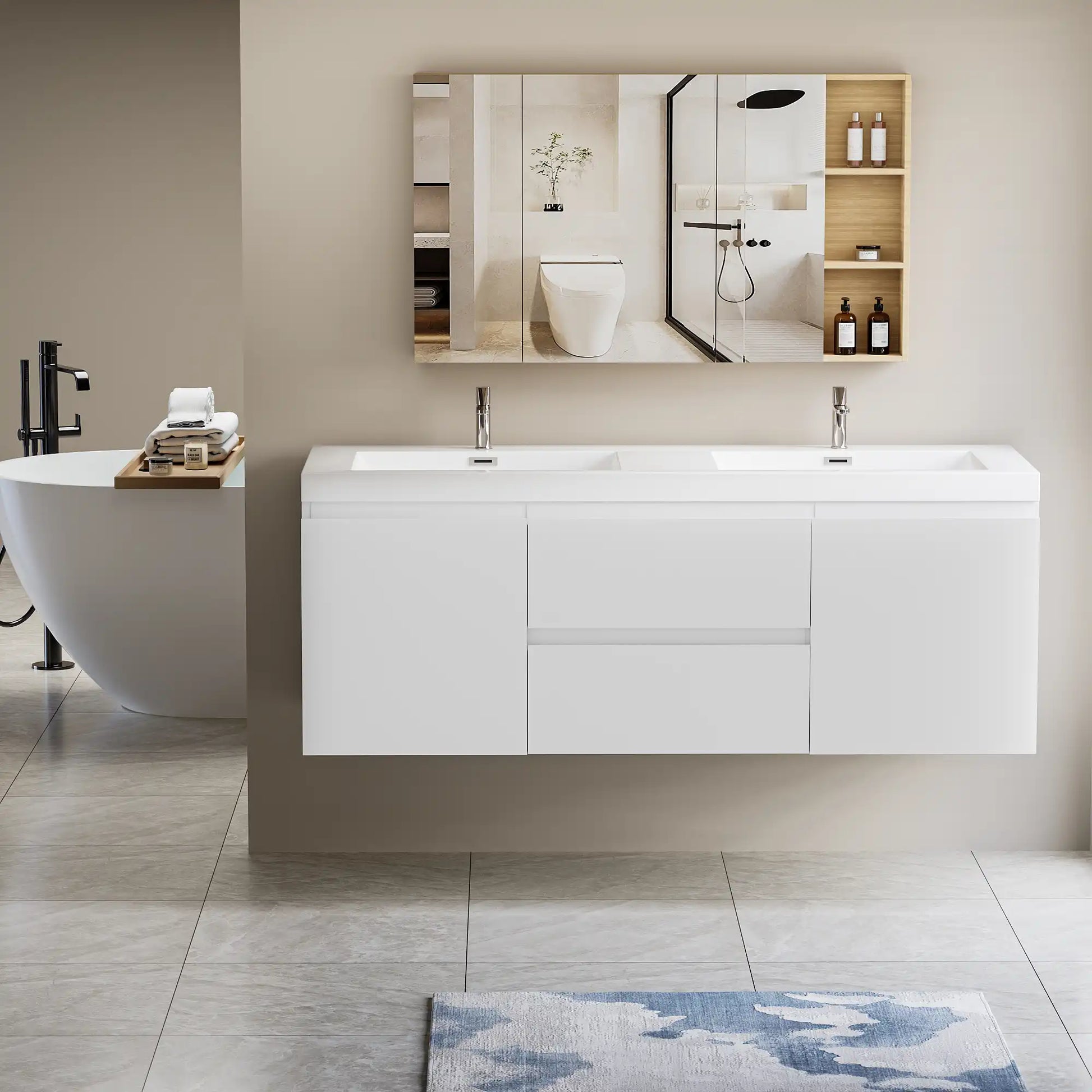 47/59" Modern Floating Bathroom Vanity with Resin Top Basin color: White | sink: Double