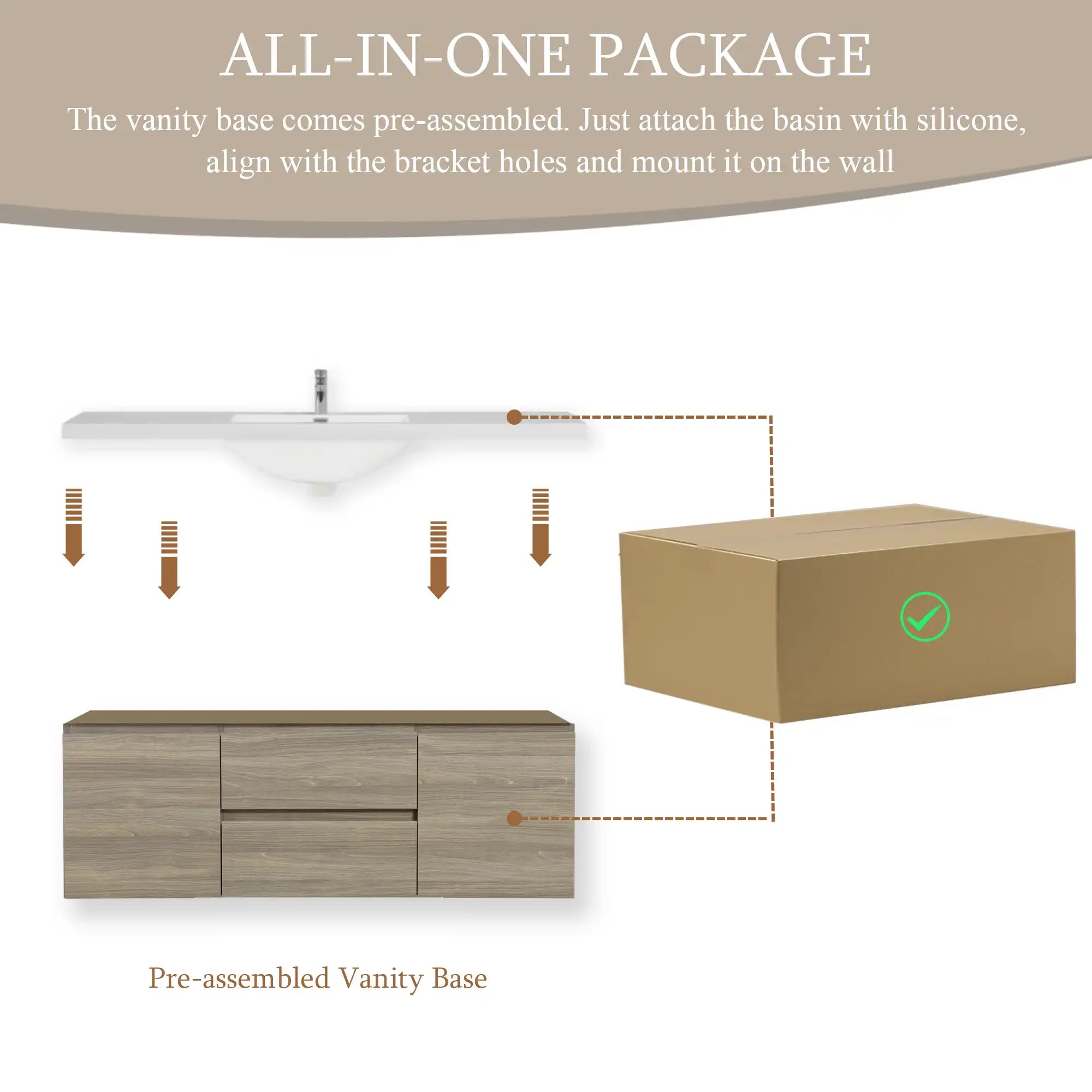 59 inch vanity single sink pre-assembled floating vanity base and solid surface countertop package | Ace Decor