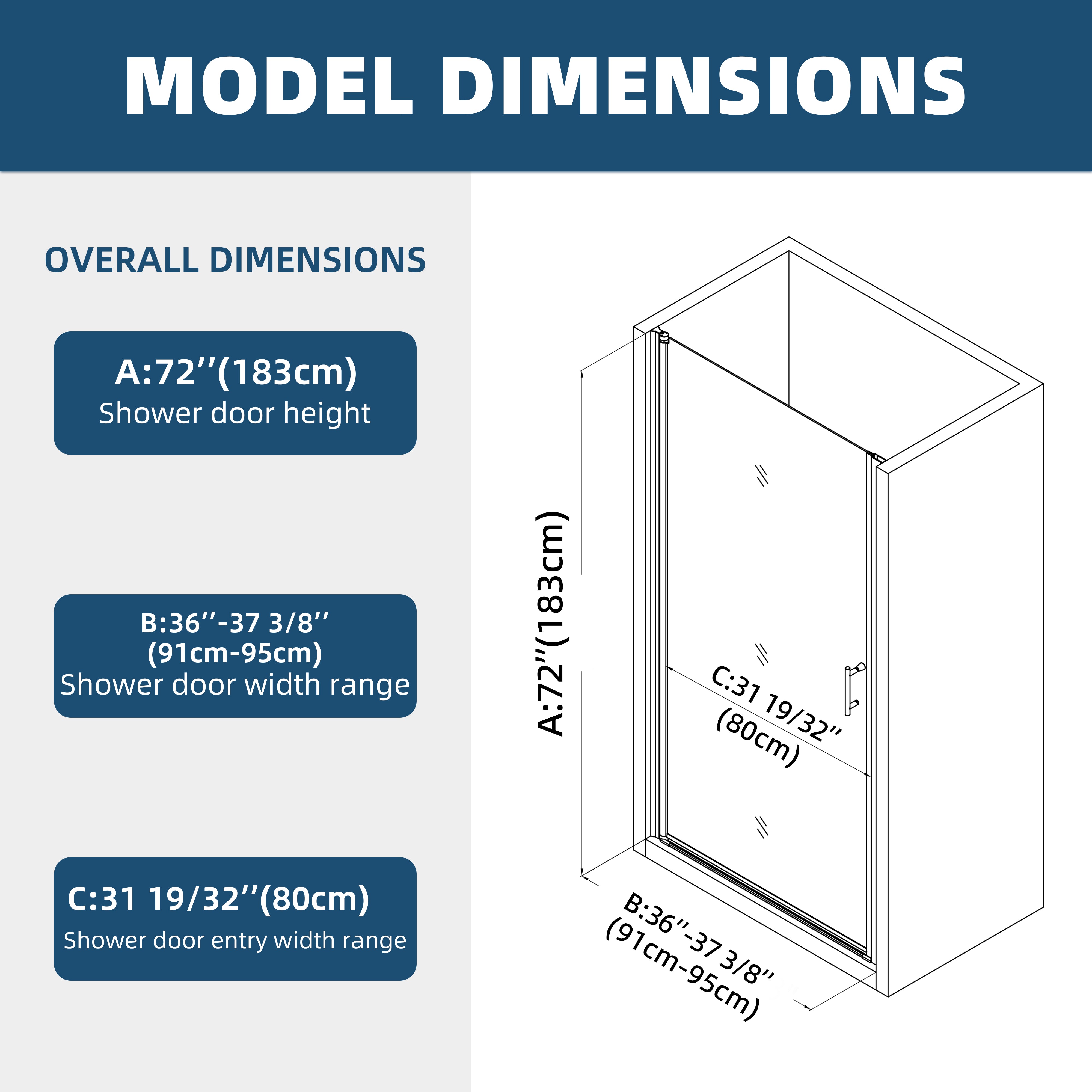 24/28/30/32/34/36*72 Pivot Shower Door Matte Black Chrome Frameless