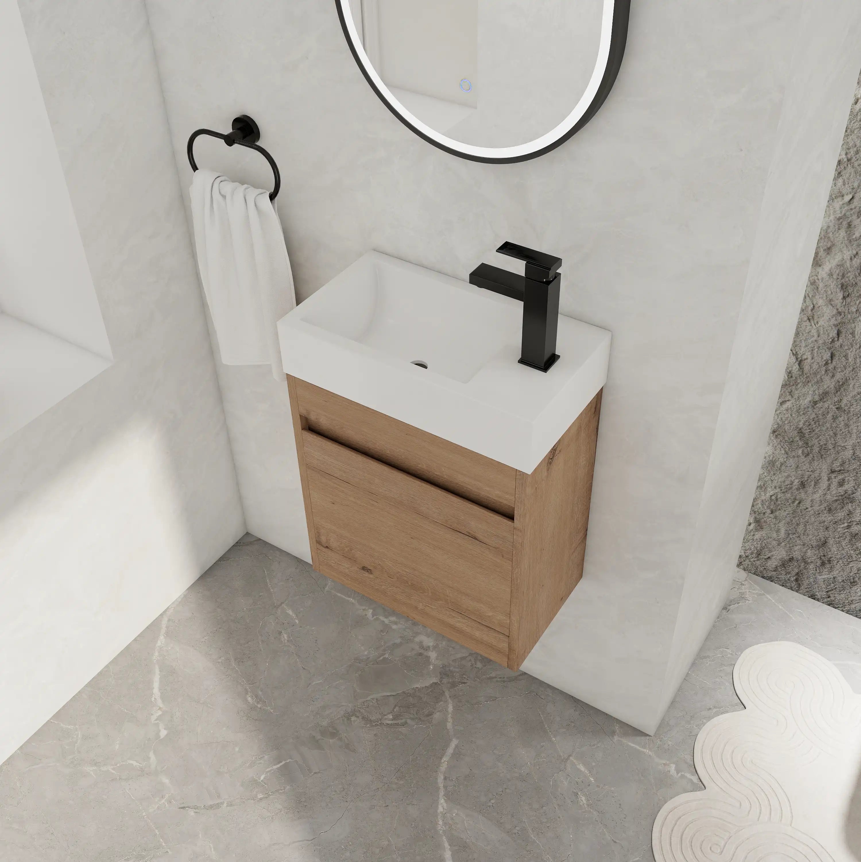 Angled bathroom view of 18" wall mount bathroom sink vanity with integrated resin sink in a modern setting.