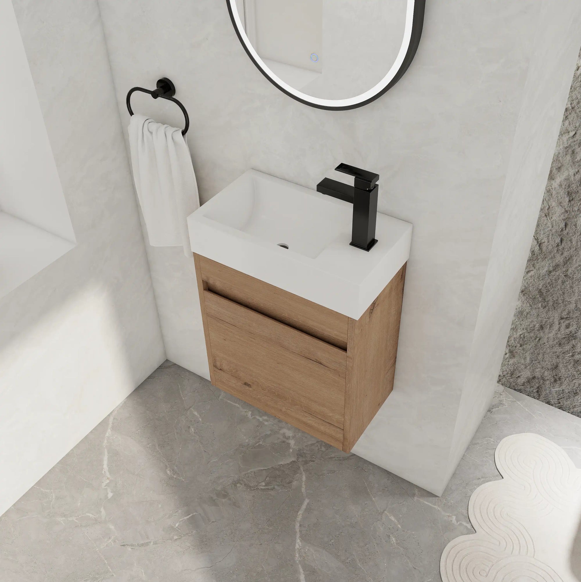 Angled bathroom view of 18" wall mount bathroom sink vanity with integrated resin sink in a modern setting | Ace Decor