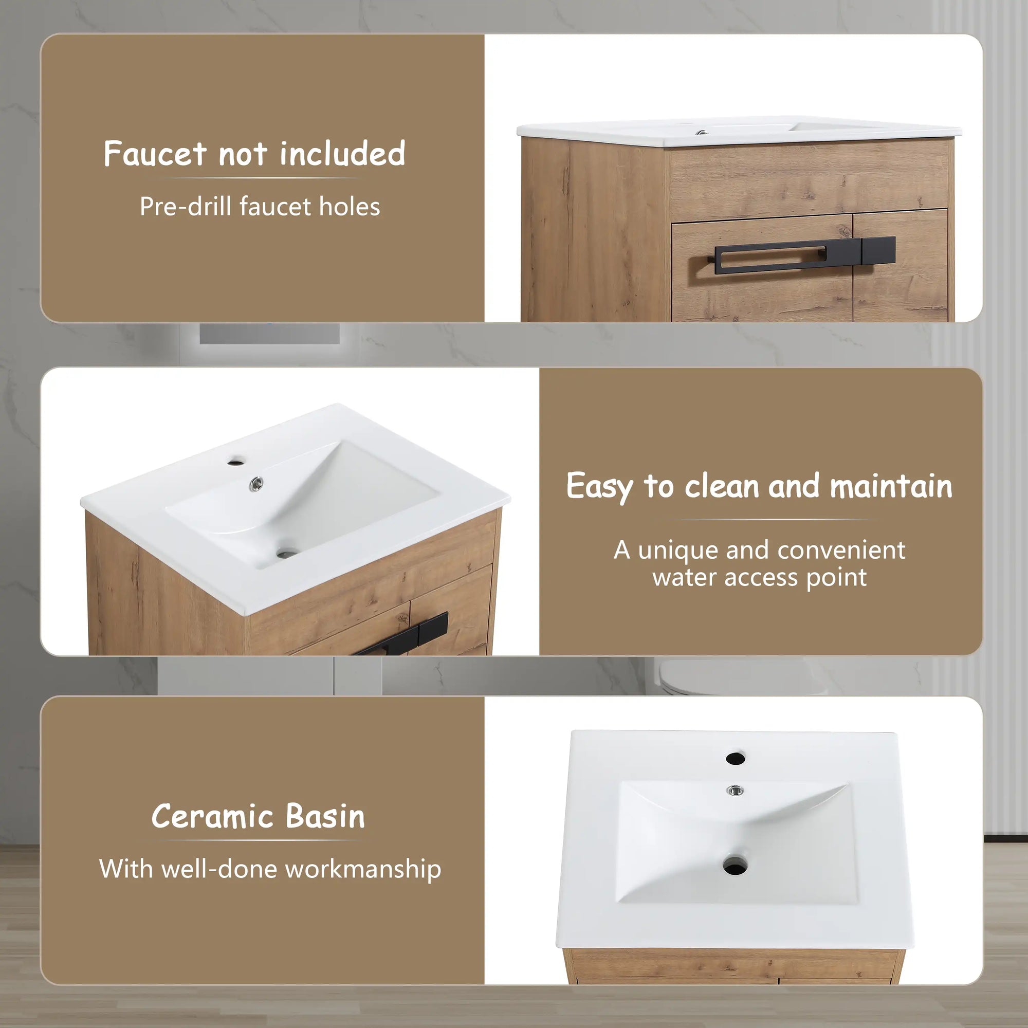24" freestanding bathroom vanity with sink featuring pre-drilled faucet hole and ceramic basin | Ace Decor