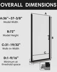 Dimensions diagram of Zerra 36"x72" black pivot shower door.