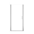 Chrome semi-frameless pivot shower door with clear tempered glass.