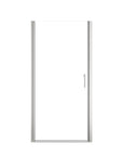 Chrome semi-frameless pivot shower door with clear tempered glass.