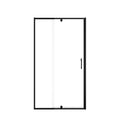 36 x 72 pivot shower door with clear tempered glass and matte black frame, modern minimalist style.
