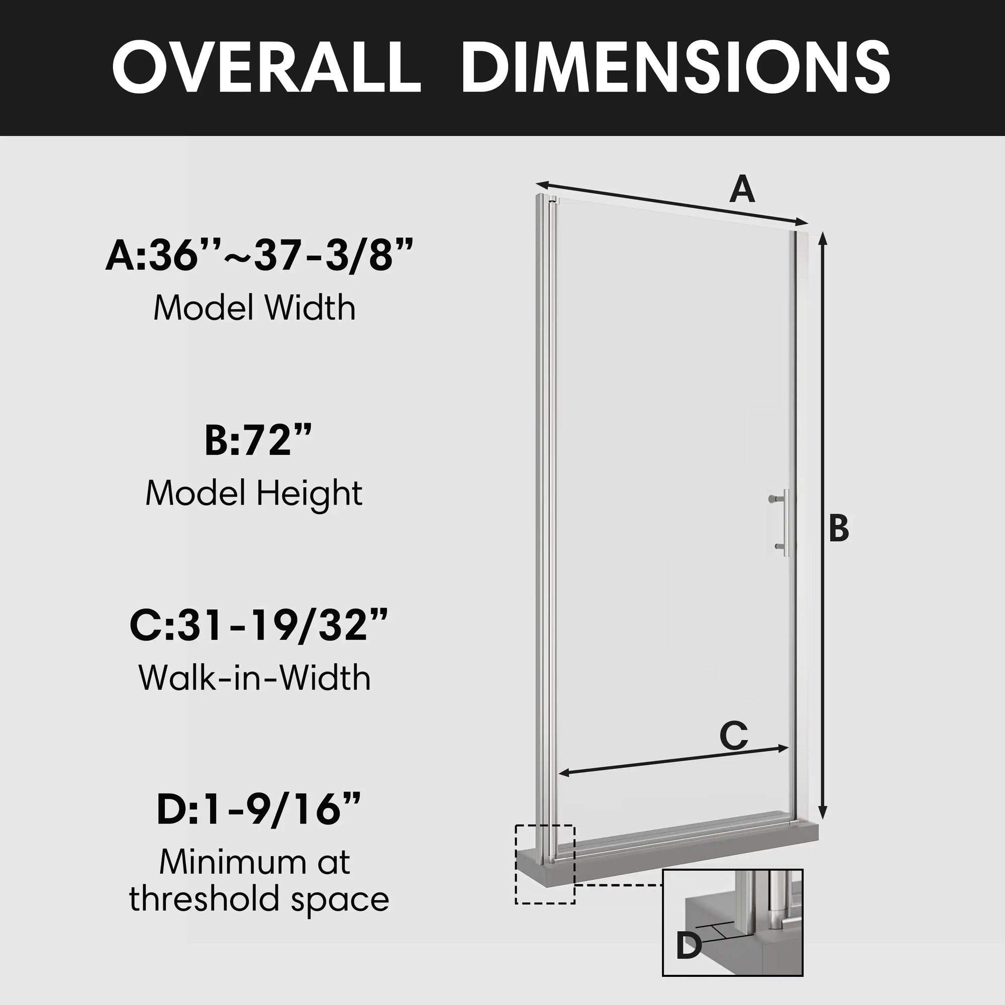 Model dimensions of 36x72 semi-frameless pivot shower door with height, width, and entry measurements.