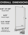 Model dimensions of 36x72 semi-frameless pivot shower door with height, width, and entry measurements.