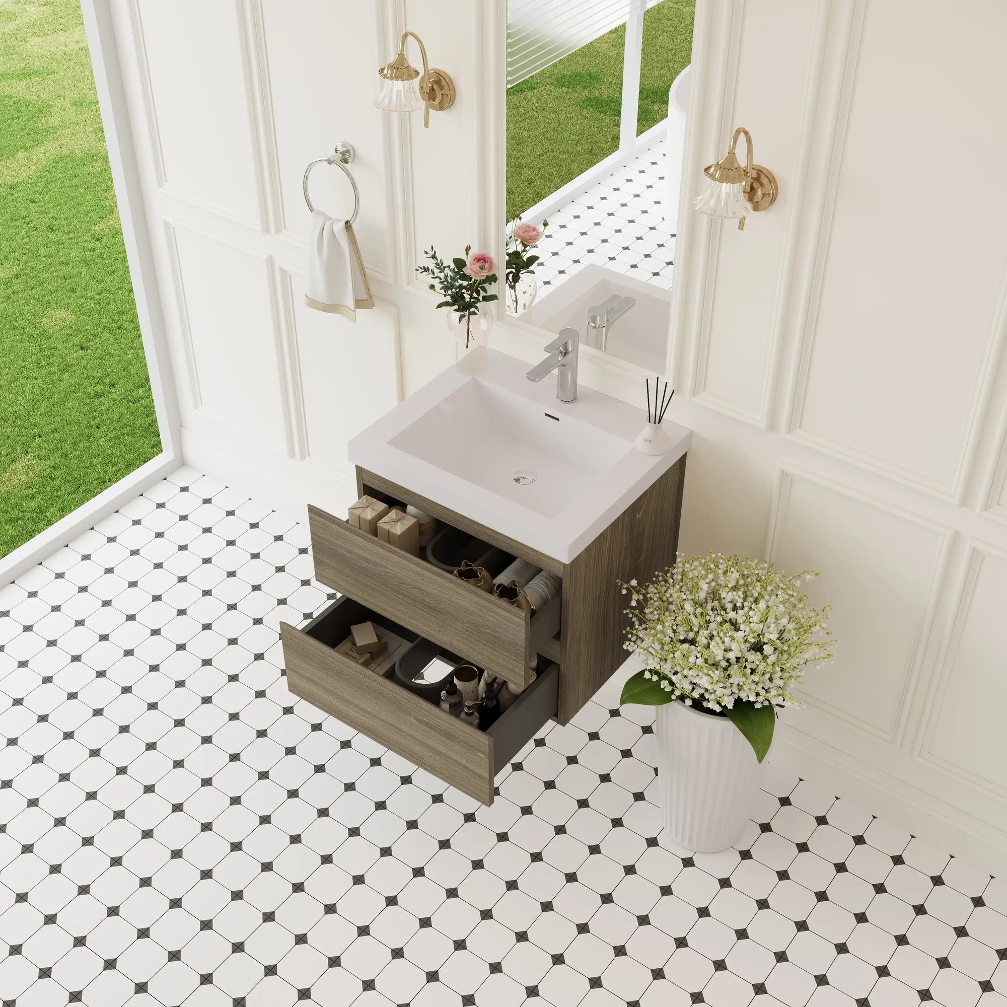 Oakmere Series 24" Ash Grey Bathroom Floating Vanity with Resin Sink &amp; 2 Soft-Close Drawers