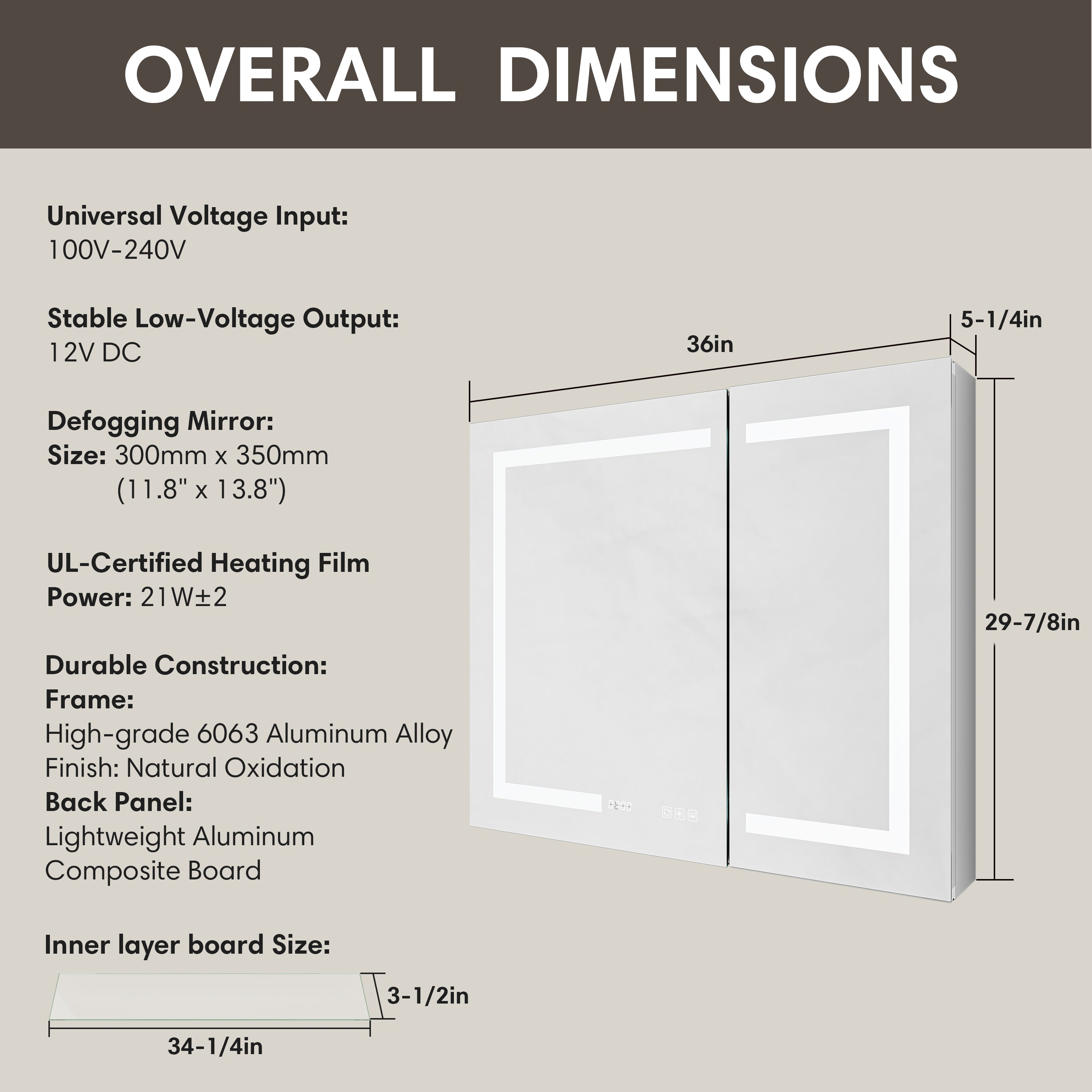 Overall dimensions of Pro Shower 36x30 Rectangular LED Medicine Cabinet in silver finish.