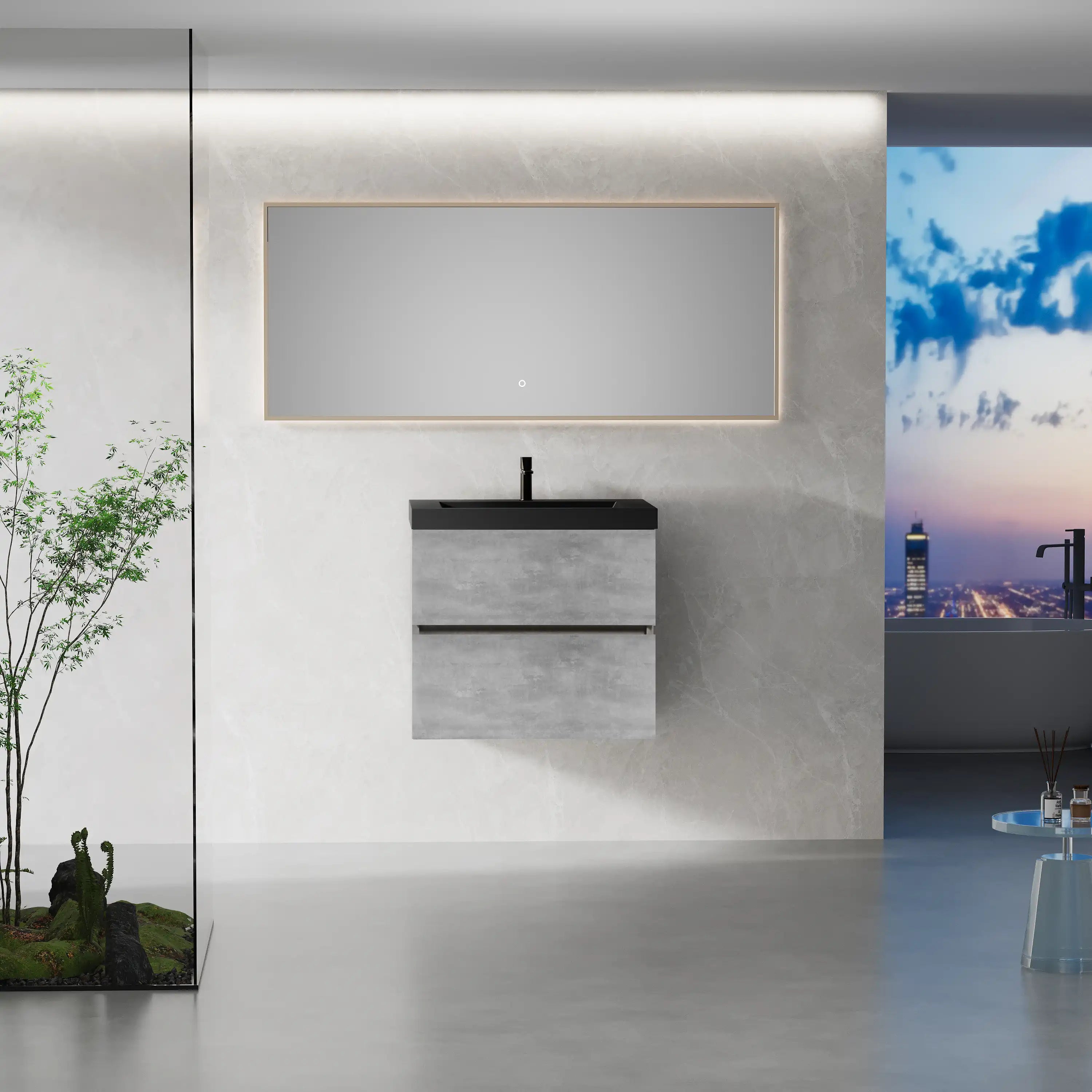 23''-47'' Floating Dark Grey Corner Vanity with Matte Black Sink - 2 Soft Close Drawers