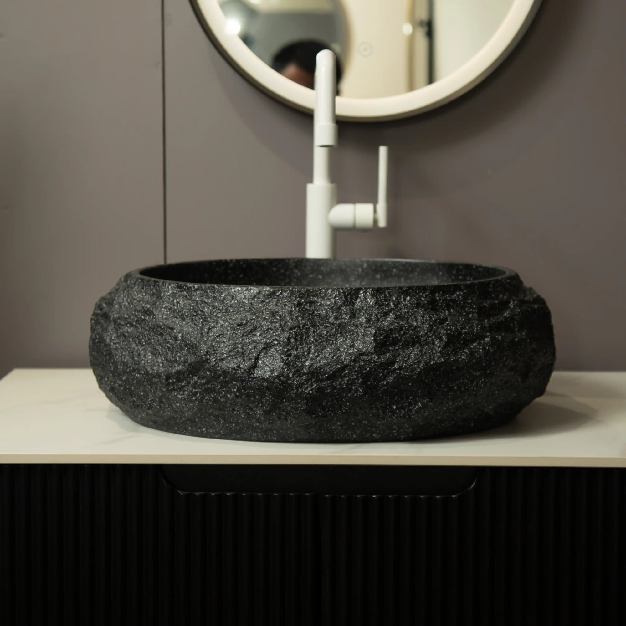 Astra Series 18&quot; Oval Sculpted Resin Stone Vessel Basin - Onyx Black