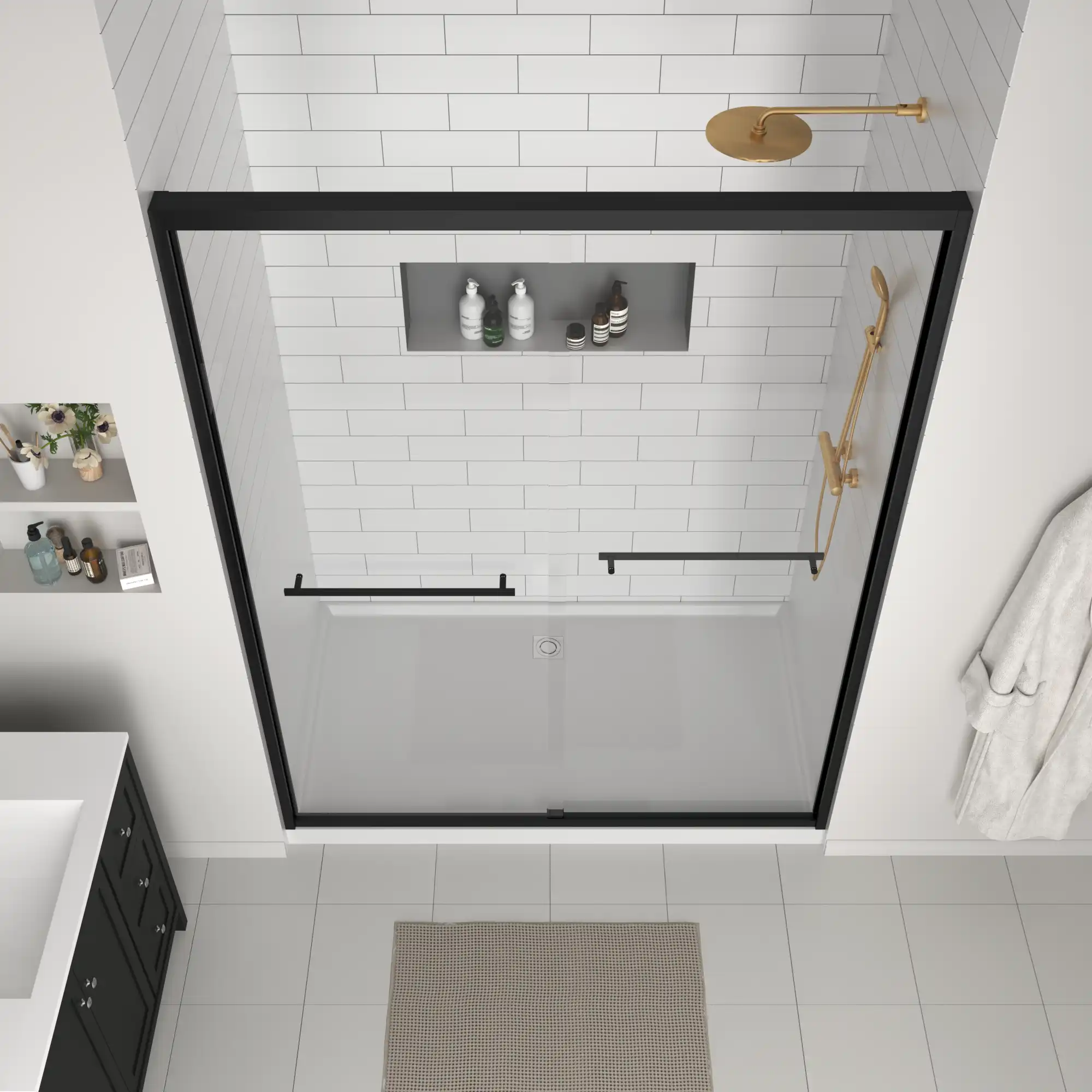 Top-down view of 60 x 70 sliding doors for shower in a modern bathroom | Ace Decor