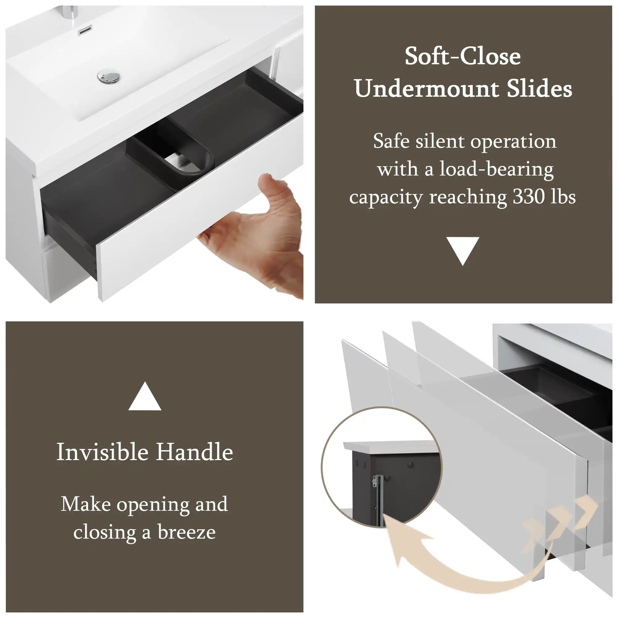 72 inch white MDF bathroom floating  vanity with soft-close drawers and hidden handles.