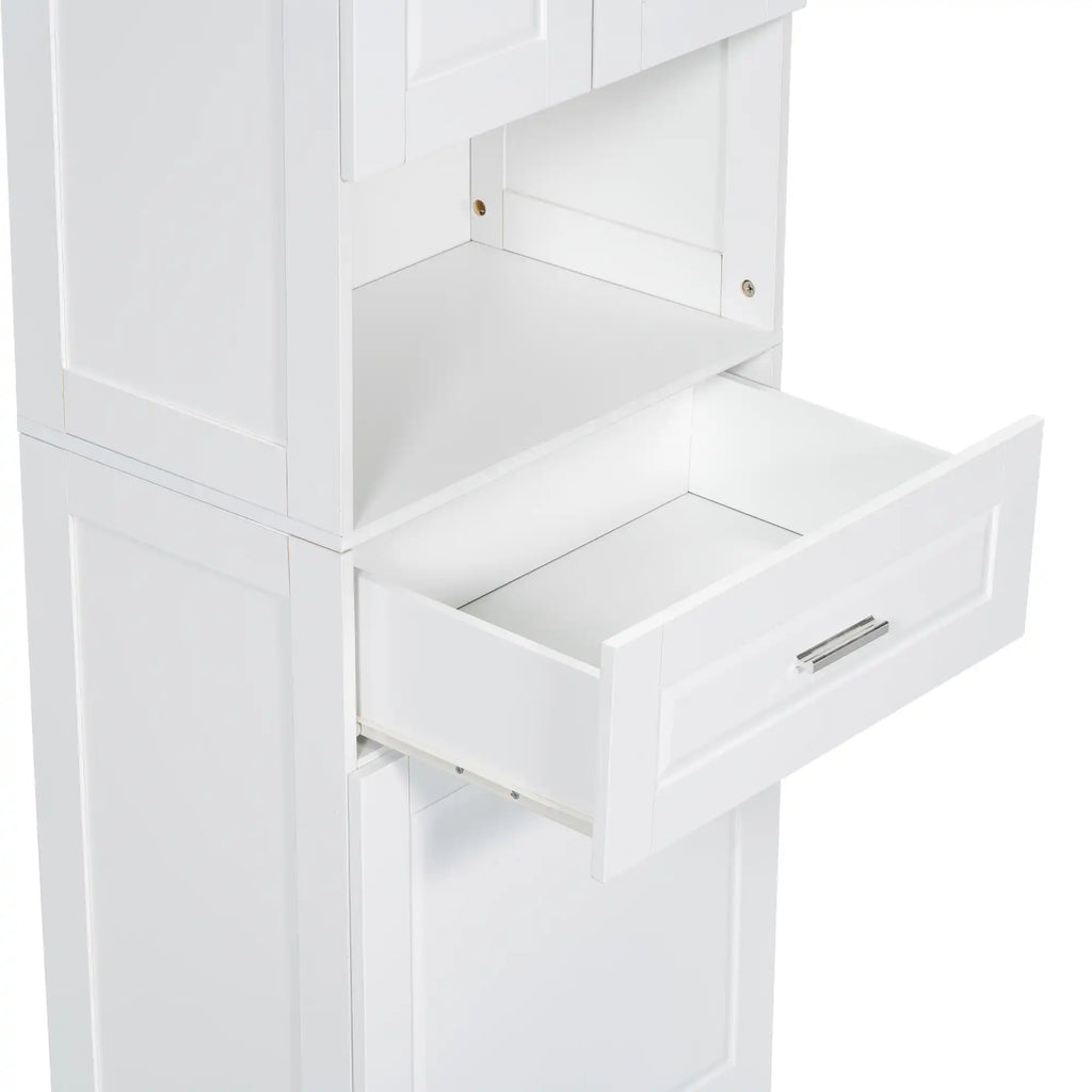 Detailed view of single drawer pulled open on 69.92-inch white bathroom linen cabinet, highlighting storage space.