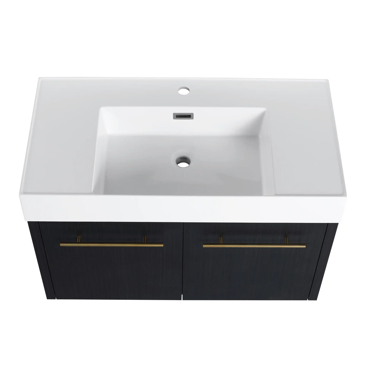 Top view of the 36 inch wall mounted bathroom vanity featuring smooth resin sink.