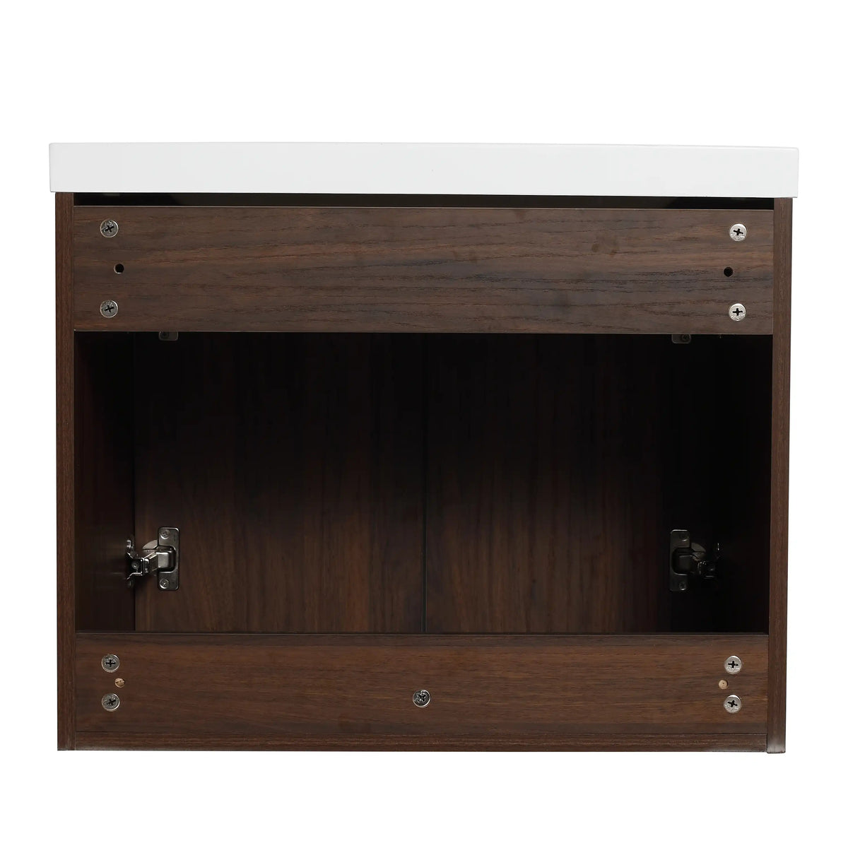 Rear view of the 24" bathroom vanity showing open back design for easy plumbing access.