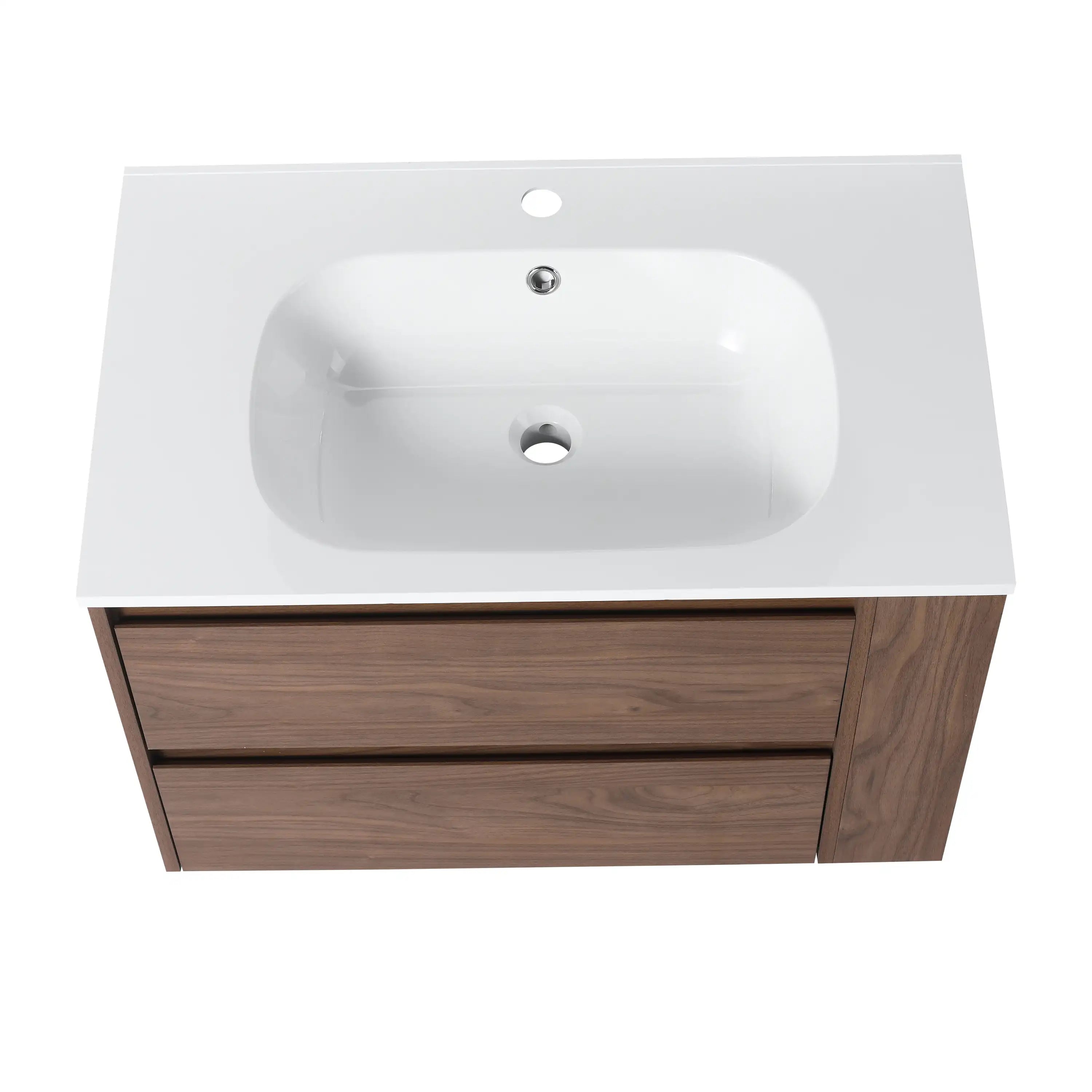 30 inch bathroom brown vanity integrated sink top view with pre-drilled faucet hole and overflow.