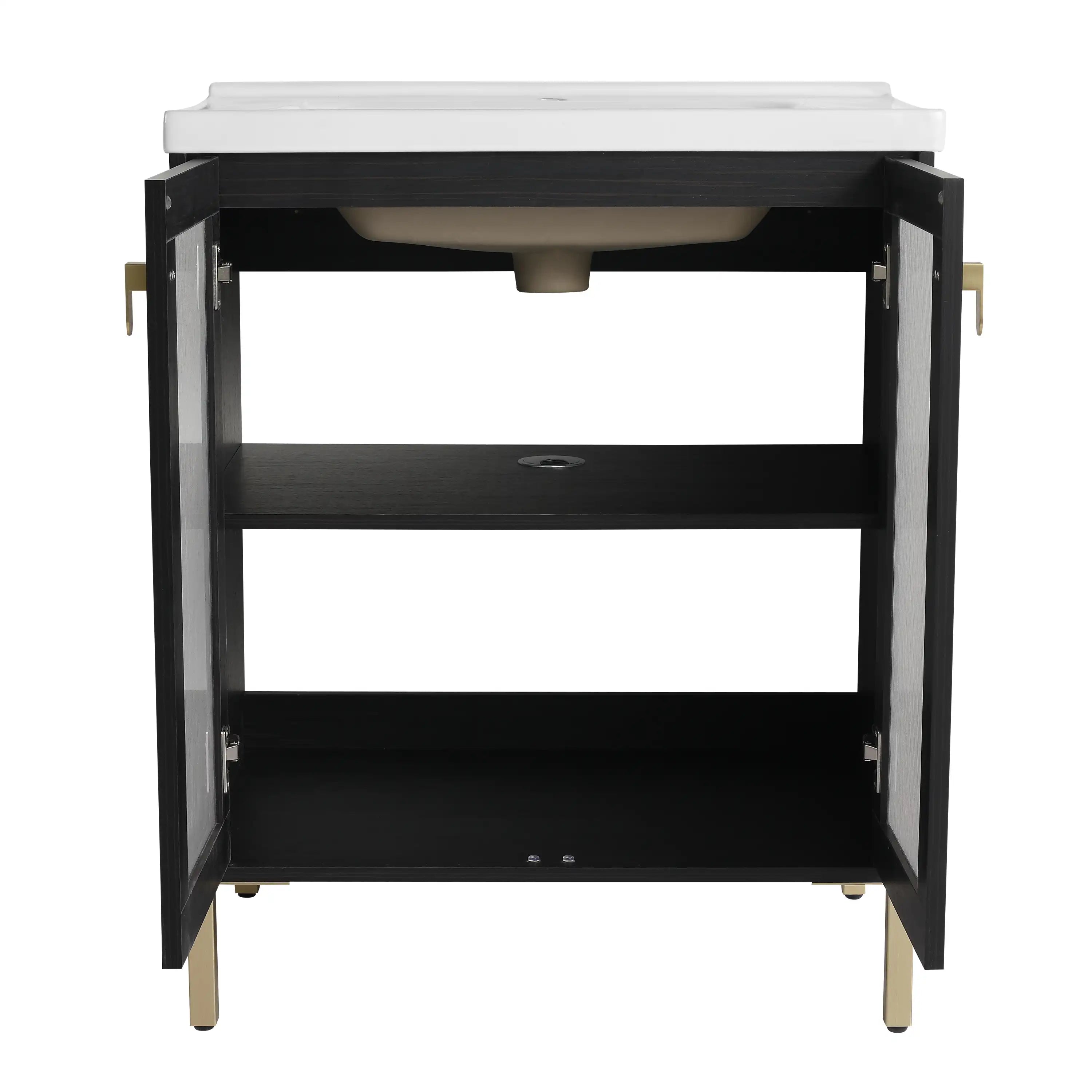 28" freestanding bathroom vanity  showing interior storage and one adjustable shelf.