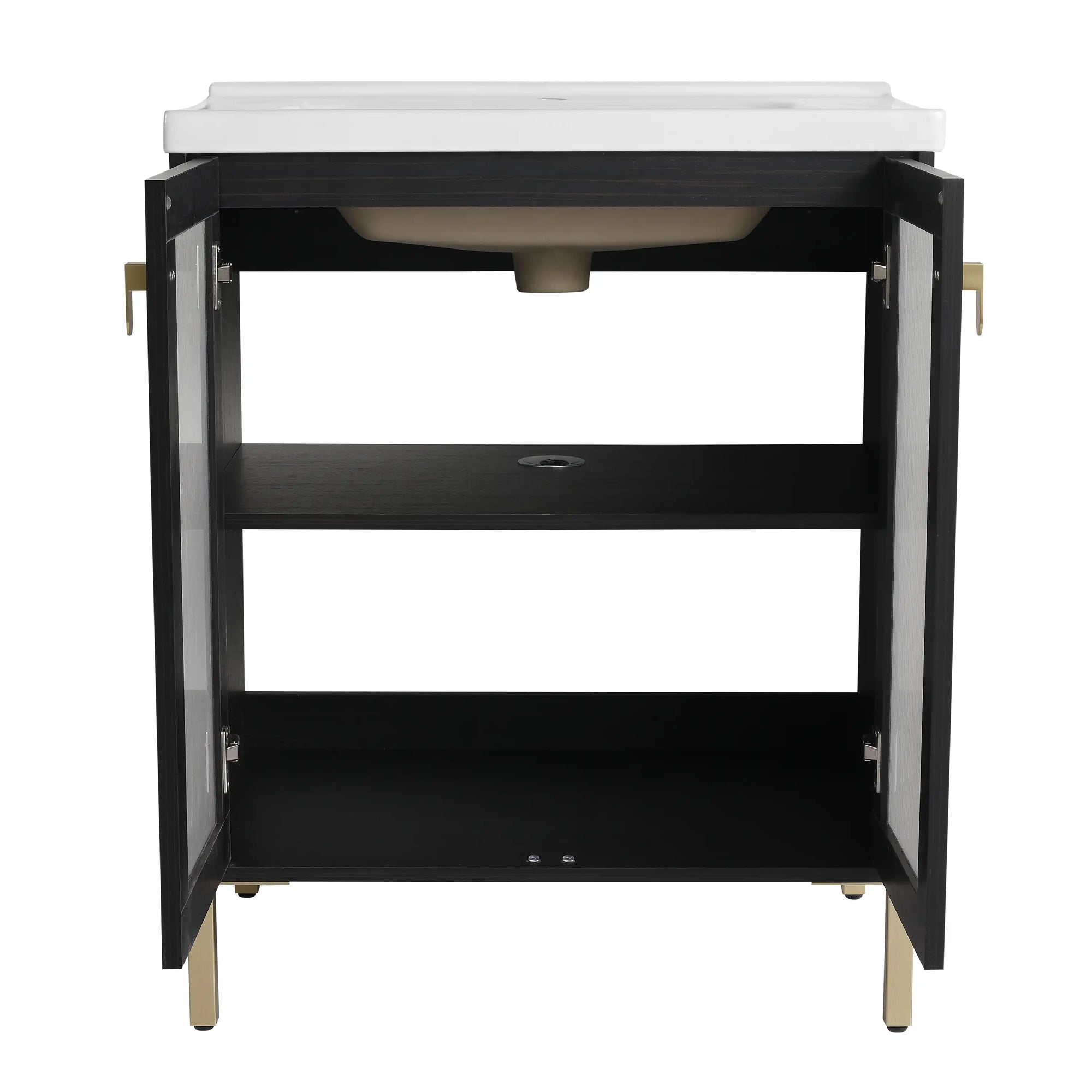 28" freestanding bathroom vanity  showing interior storage and one adjustable shelf.