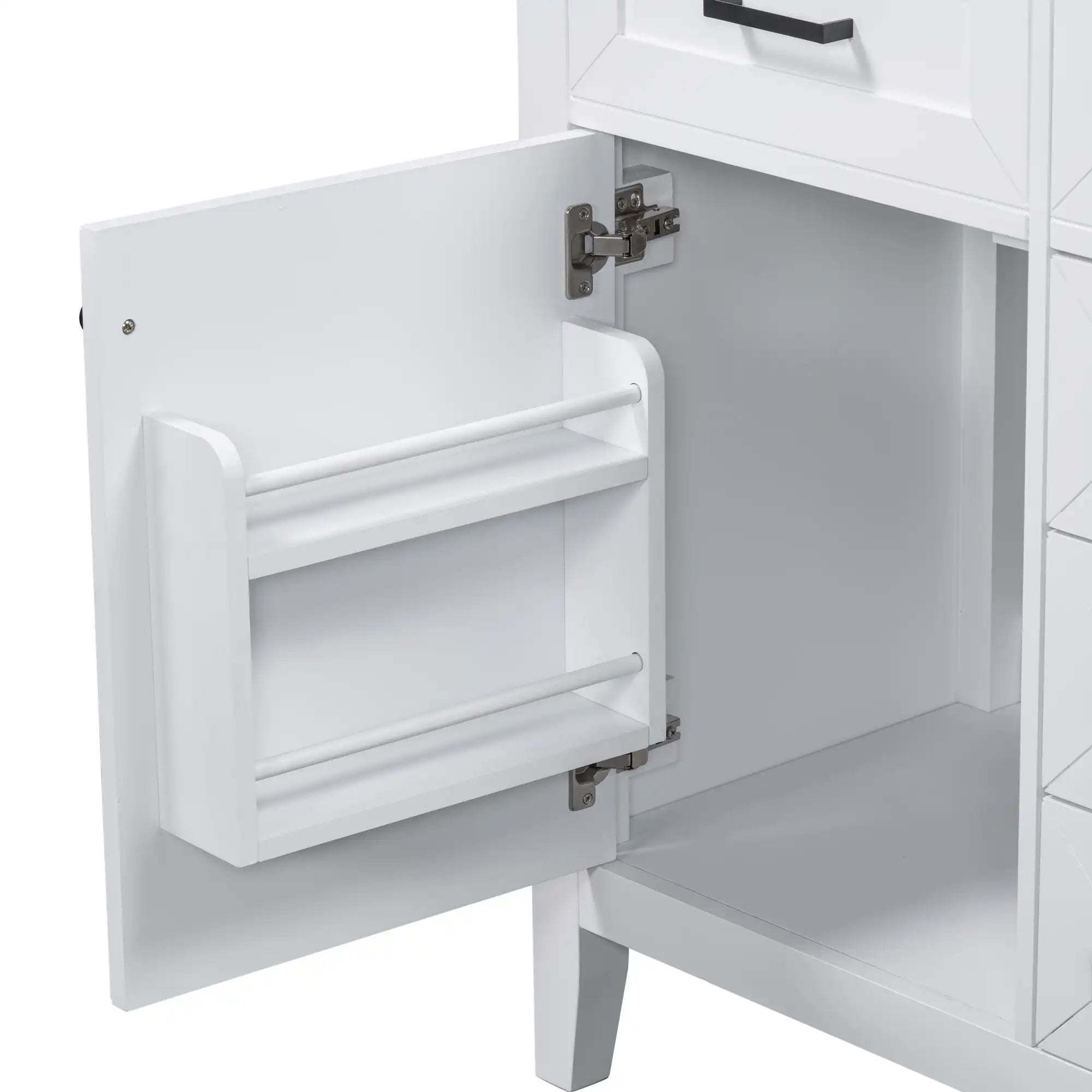 Close-up of door-mounted storage rack inside Elmsford bathroom vanity.