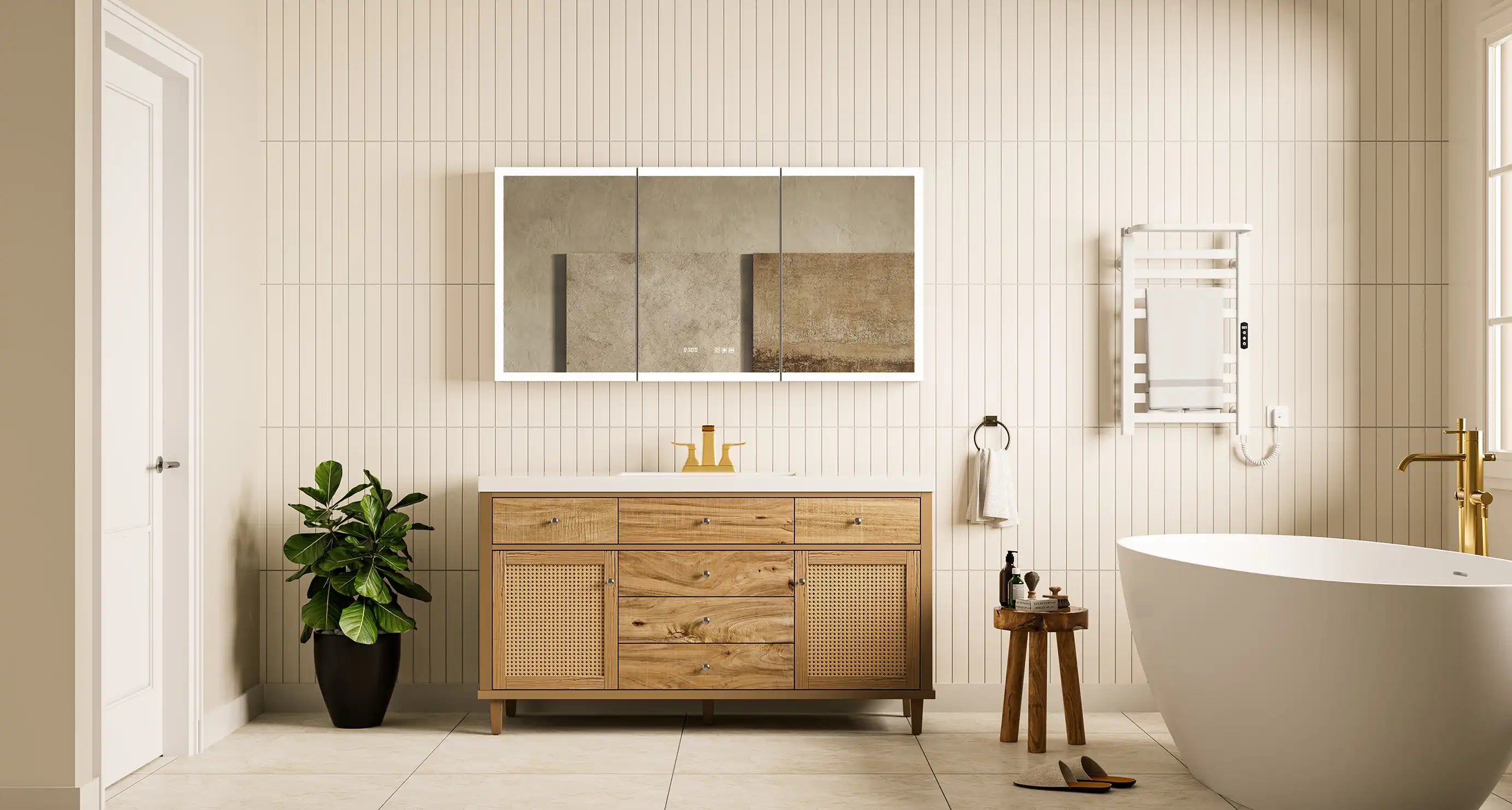 Modern minimalist bathroom with a freestanding soaking tub, wooden rattan vanity, wall-mounted towel warmer, and neutral tile finishes. Serene, spa-like atmosphere.