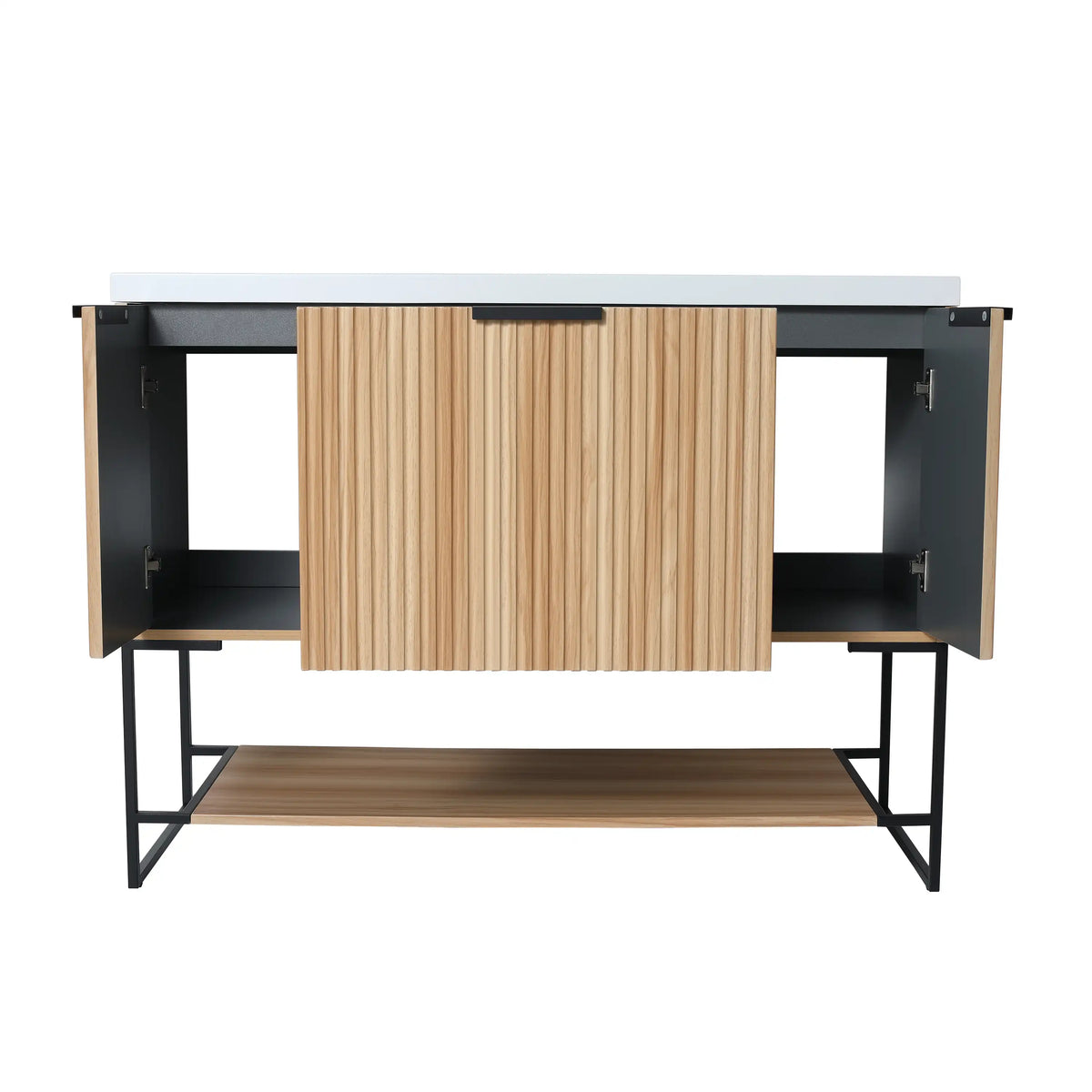 48-inch maple bathroom vanity with cabinet doors open showing interior storage.