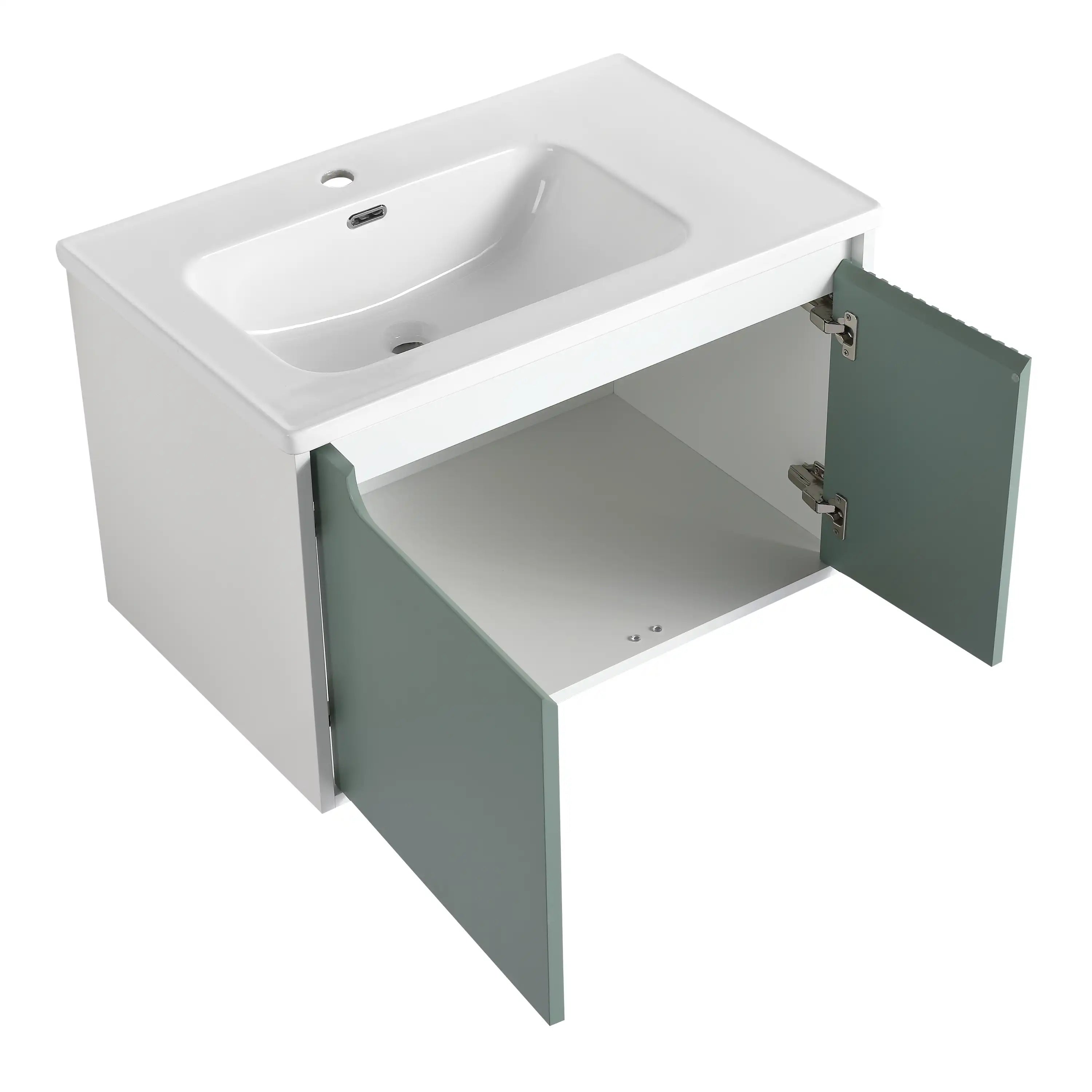 Open cabinet storage of AeroMint Series mint green 36-inch bathroom vanity.