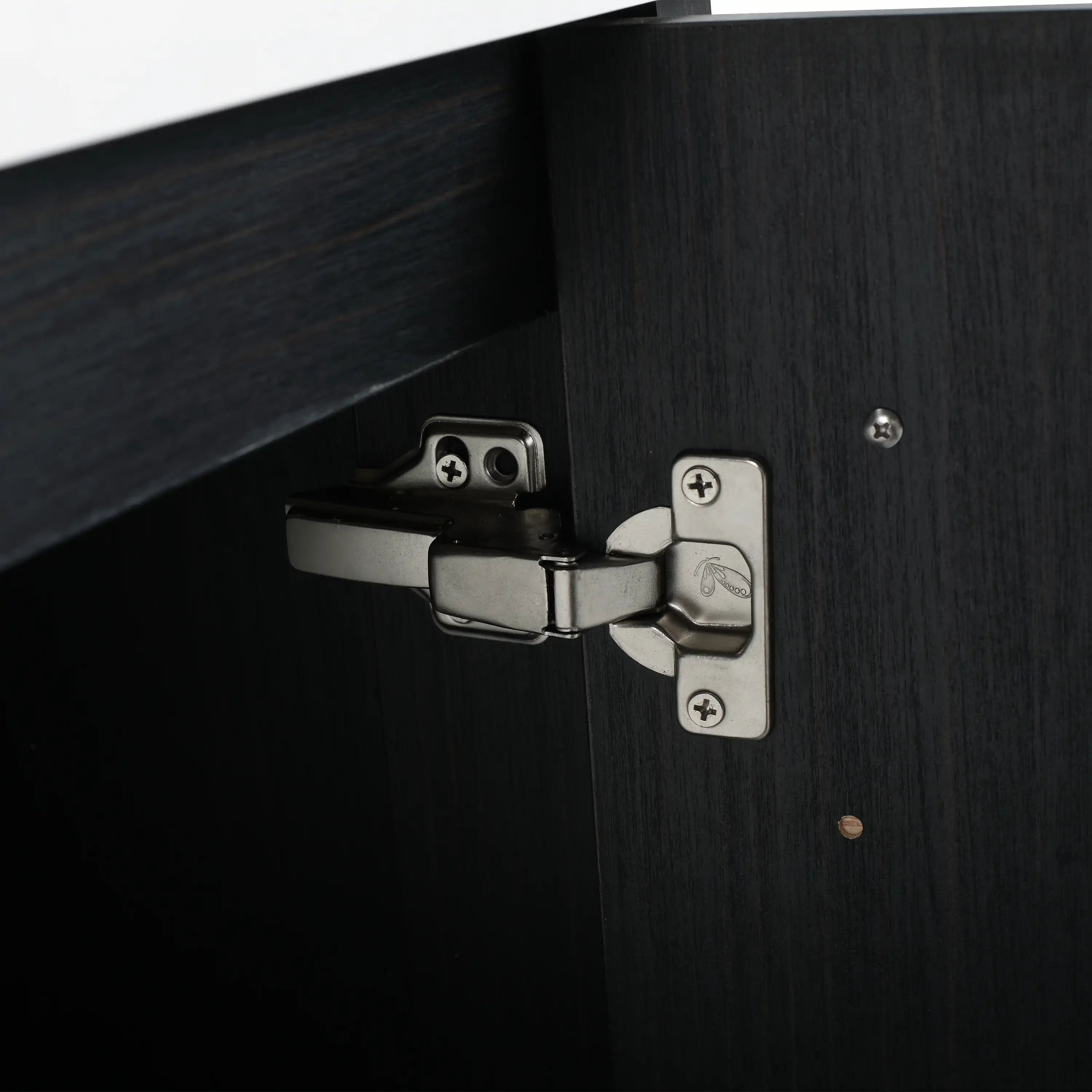 Noirline Series bathroom freestanding vanity base cabinet showing soft-close hinge detail.